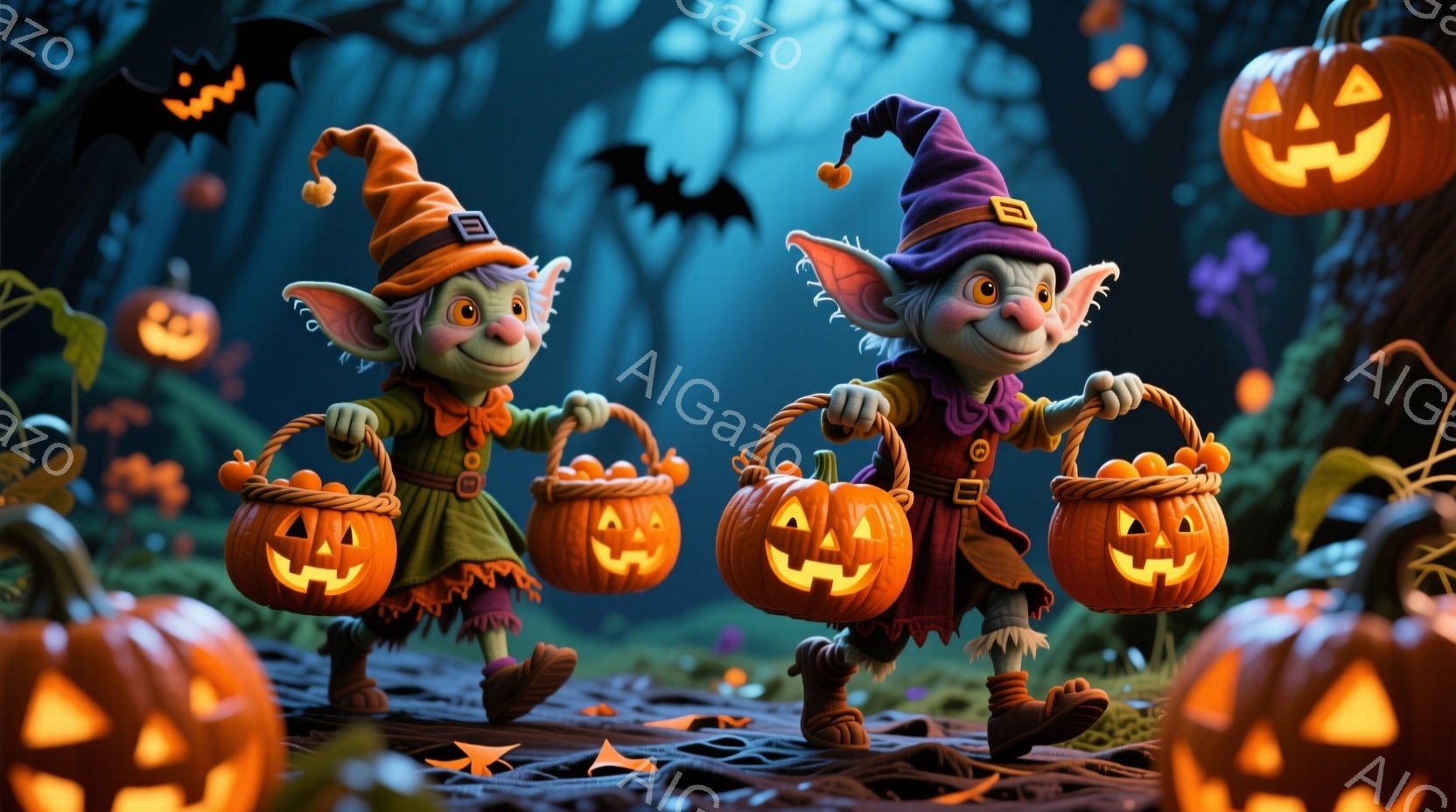 2人のいたずらっぽい小人が、それぞれカボチャのランタンをいっぱい入れたバスケットを持って、森の中を軽快に歩いている。彼らはオレンジと赤の可愛らしい衣装を着ており、先のとがった帽子を被っている。背景には - AI生成フリー素材