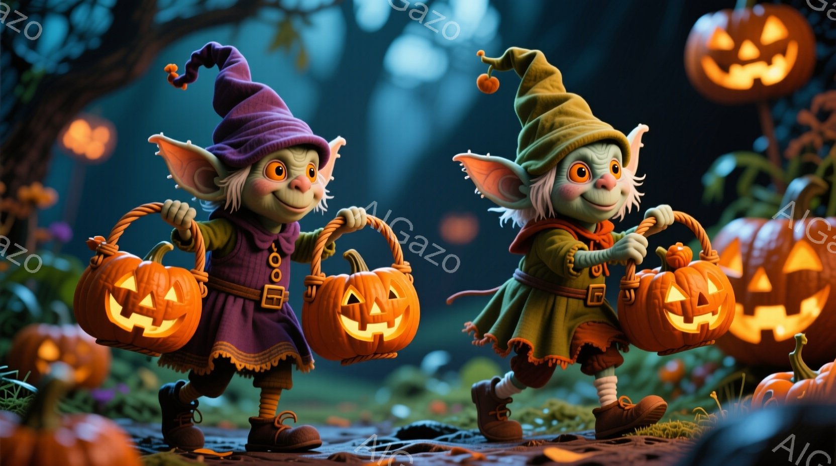 緑色の衣装と紫色の帽子をかぶった小さな妖精のような生き物が、それぞれ2つのジャック・オ・ランタンを持って森の中を歩いています。その表情は楽しそうで、少しいたずらっぽい笑みを浮かべています。背景には様々なサイズのジャック・オ・ランタンが散らばり、暗い森の中でハロウィンの夜の神秘的な雰囲気を醸し出しています。