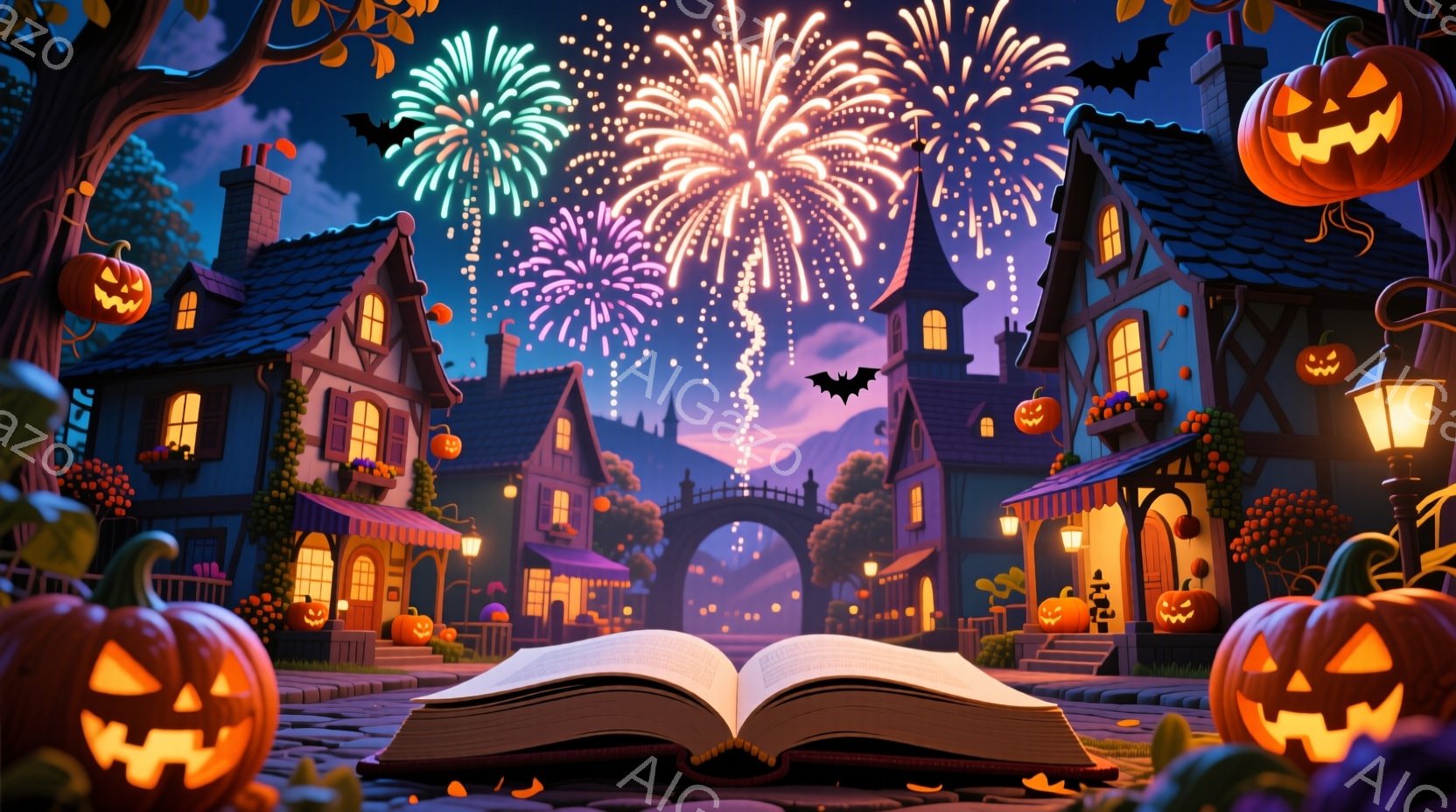 ハロウィーンの夜を思わせる賑やかな街並みが描かれています。開いた古書が手前に置かれ、その周囲にはジャック・オ・ランタンが配置され、背景には可愛らしい建物が並び、空には花火が打ち上げられています。全体的に幻想的で温かく、お祭り気分を盛り上げるような雰囲気です。
