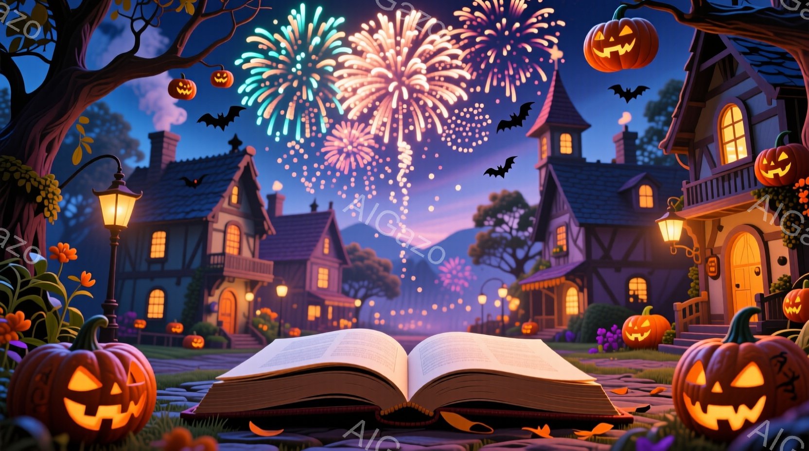趣のあるハロウィーンの夜の風景が描かれています。開かれた古書を中心に、背景には可愛らしい家々が並び、カボチャのランタンが灯っています。空には花火が打ち上げられ、夜空を鮮やかに彩り、不気味でありながらも温かい雰囲気を醸し出しています。