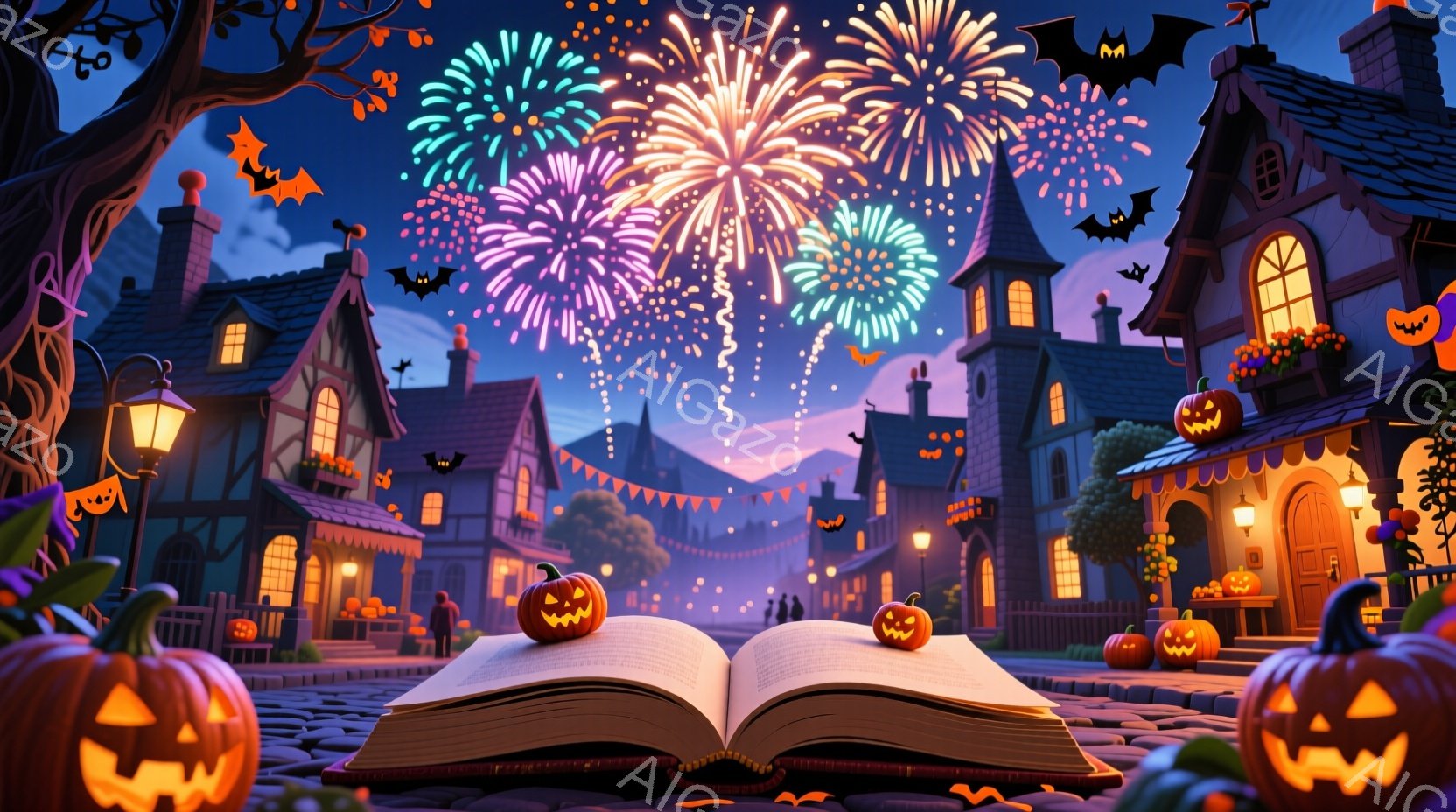 街並みを背景に、開いた大きな本と、その上に置かれたジャック・オー・ランタンが印象的な画像です。背景には、ハロウィーンの飾り付けがされた建物や、夜空を彩る花火、そして飛ぶコウモリが見られ、お祭りのような - AI生成フリー素材