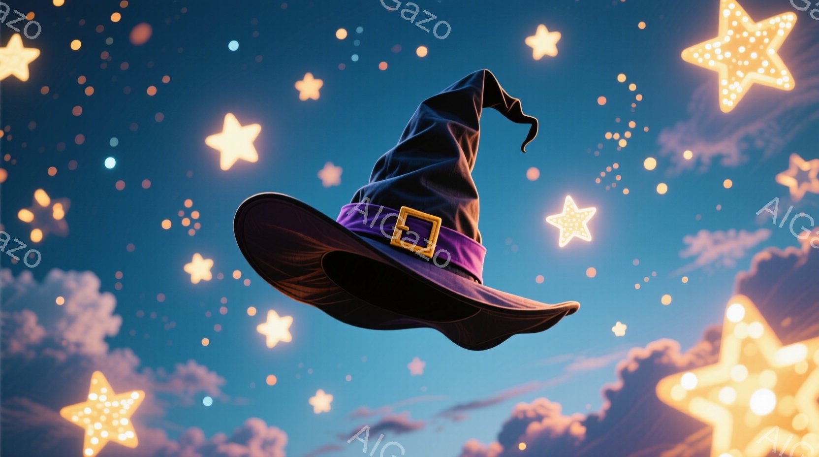 濃い紫色と黒色の魔女帽子が、雲と星が散りばめられた夜空に浮かんでいる。帽子のリボンは明るい紫色で、金属製のバックルがアクセントになっている。背景は鮮やかな青と紫のグラデーションで、幻想的で神秘的な雰囲気を醸し出している。