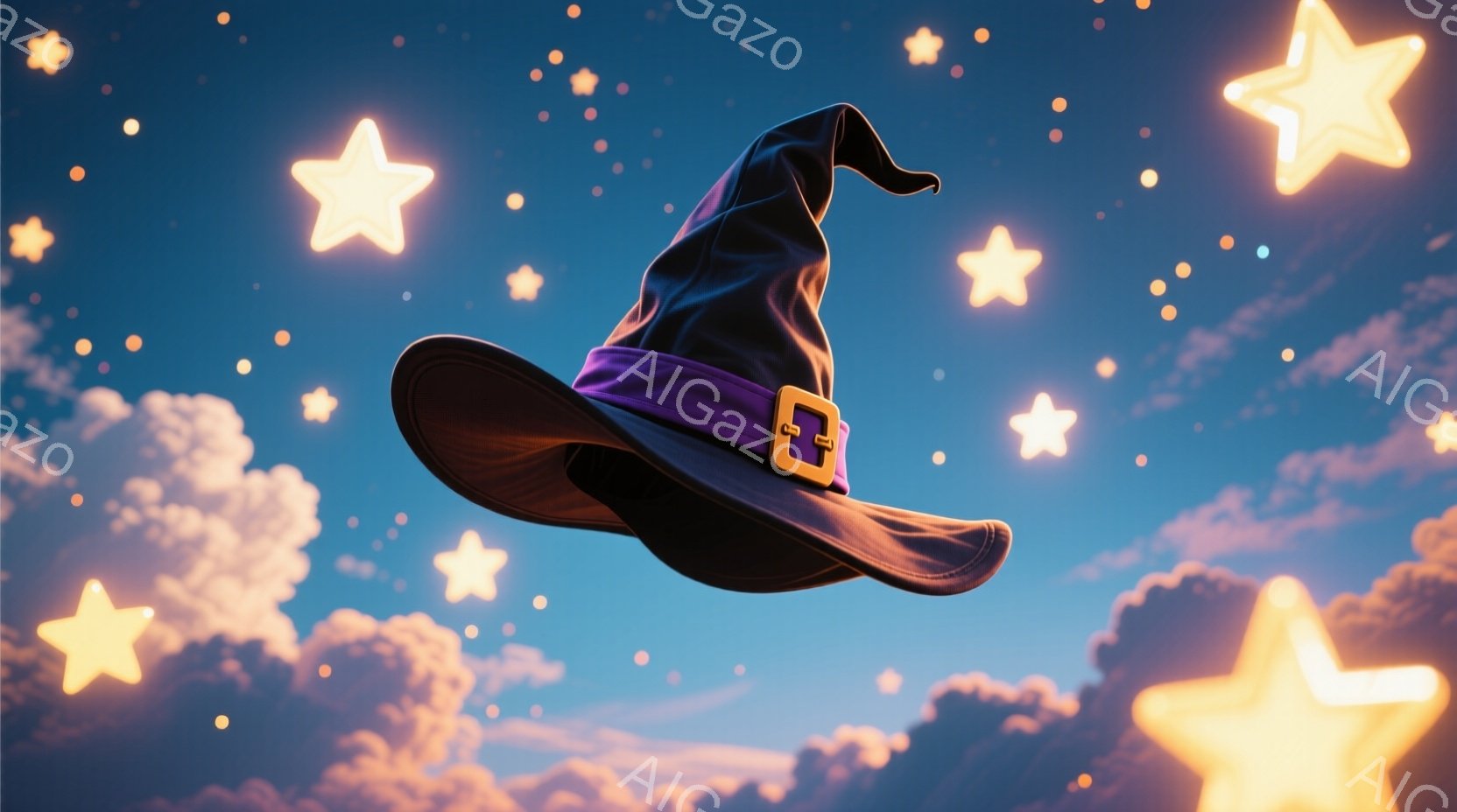 深い青色の空を背景に、オレンジとクリーム色の雲が浮かび、たくさんの星が輝いている。中央には、黒い魔女帽子が浮かんでおり、紫色のリボンと金色のバックルが付いている。全体的に幻想的で、夜空を舞う魔女を連想させる雰囲気である。