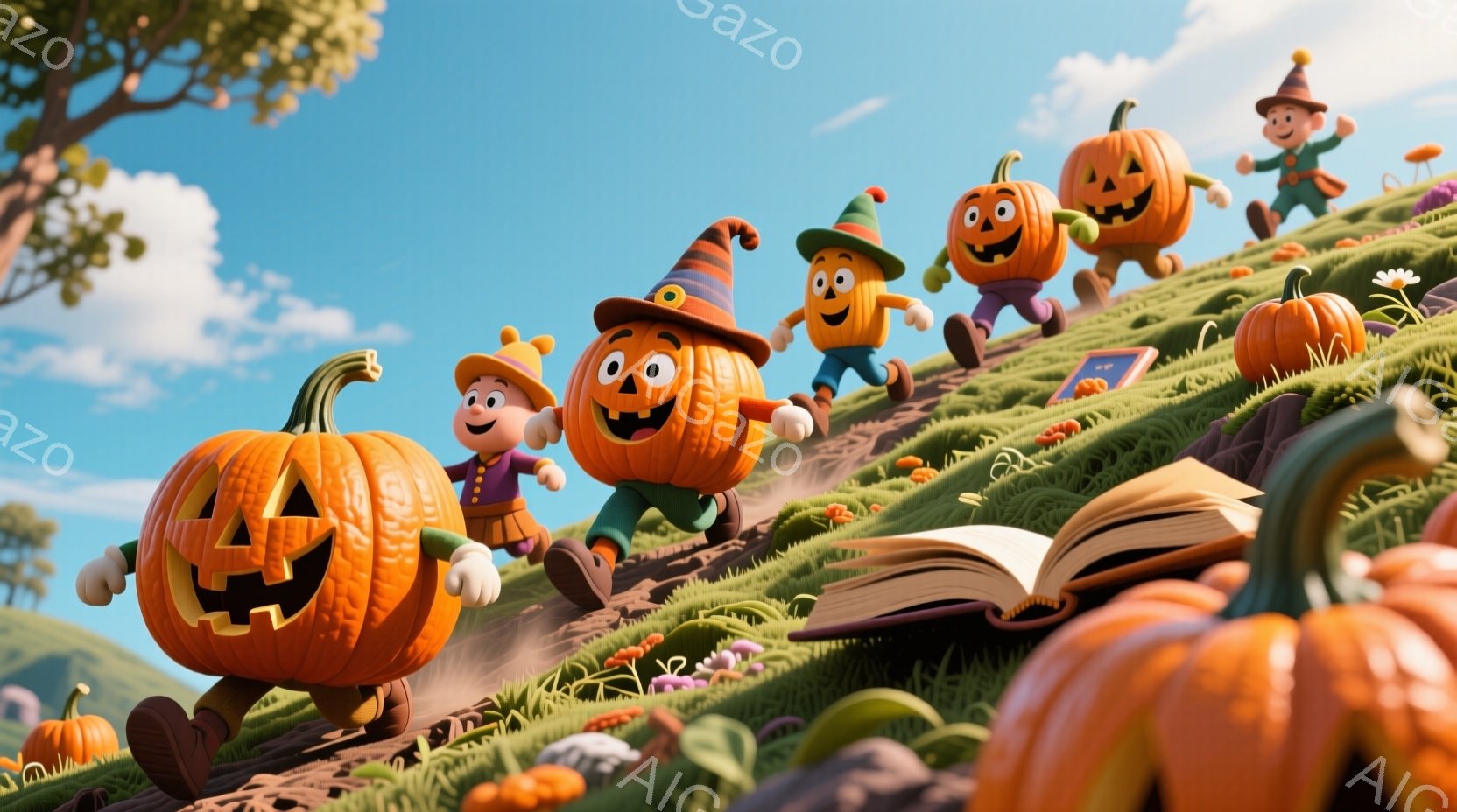 丘の上を、カボチャの頭をした小さな生き物たちが楽しそうに走っている様子が描かれています。彼らはそれぞれ異なる色の帽子と衣装を着ており、満面の笑顔で、まるでハロウィンのパレードに参加しているかのようです。背景には緑豊かな草地と、開かれた大きな本があり、晴天の下、明るく陽気な雰囲気が漂っています。