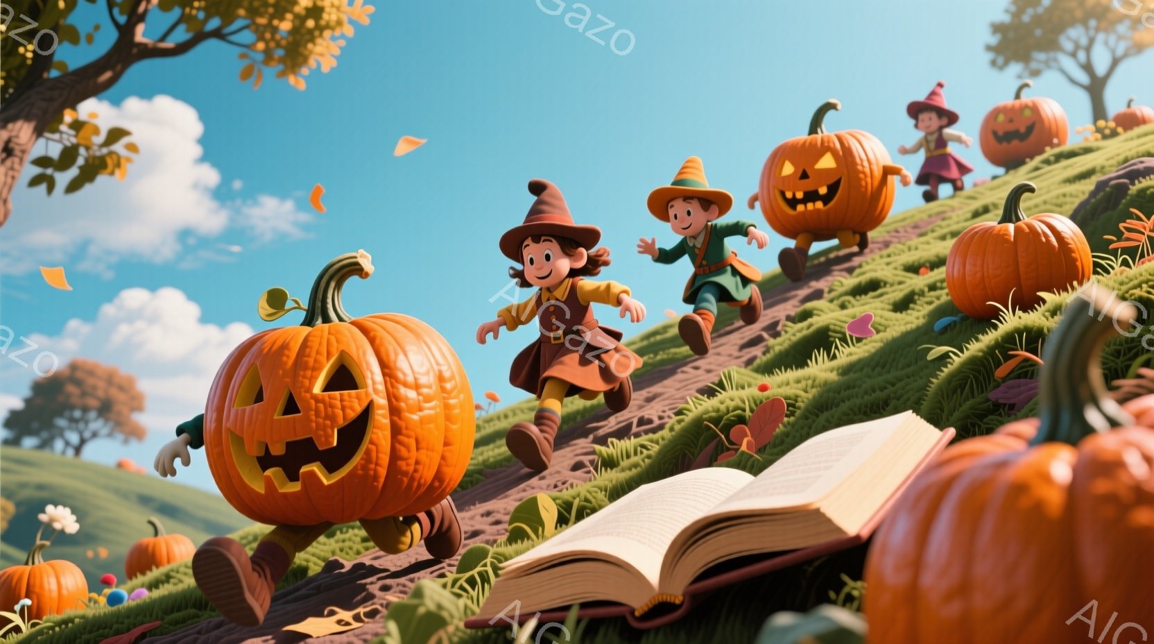 鮮やかな緑の丘の上を、ハロウィンの衣装を着た子供たちが、切り株から飛び降りるようにして走っています。男の子は緑色の服に帽子を被り、女の子は茶色のワンピースに帽子を被っており、どちらも楽しそうな表情をしています。背景には、たくさんのジャック・オ・ランタンや、開いた本、秋の葉が舞う晴天の空が広がっており、お祭り気分で活気のある雰囲気です。