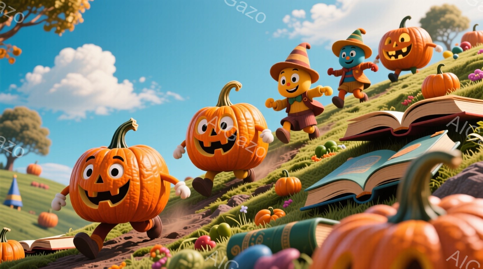 丘の上にカボチャの姿をしたキャラクターたちが楽しそうに走っています。彼らはそれぞれ帽子やベストを着ており、笑顔で表情豊かです。背景には緑の草地、色とりどりの花、開いた本が散らばり、晴れた空と白い雲が広 - AI生成フリー素材