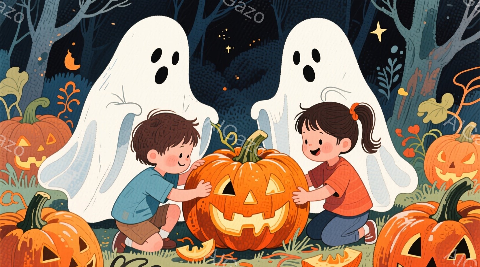 夜のパンプキンパッチで、少年と少女がジャック・オー・ランタンを彫っています。少年は茶色の髪で青いシャツと短いズボンを着用し、少女は黒髪をポニーテールにし、オレンジ色のトップスとスカートを着ています。背景には、さまざまな形や大きさのたくさんのジャック・オー・ランタンが散らばり、2つの幽霊が楽しそうに2人を囲んでいます。