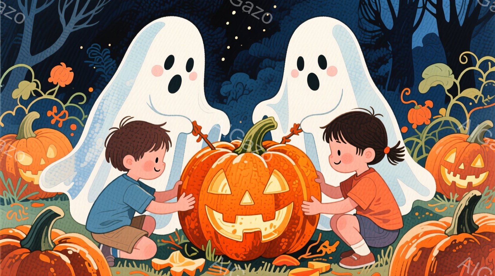 男の子と女の子が、ジャック・オ・ランタンの周りに集まっています。少年は短パンと青いシャツを着ており、女の子はオレンジ色のシャツとスカートを着用し、両者とも笑顔を見せています。背景には、様々な表情のジャック・オ・ランタンや、黒い木々が描かれており、ハロウィーンの楽しい雰囲気を醸し出しています。