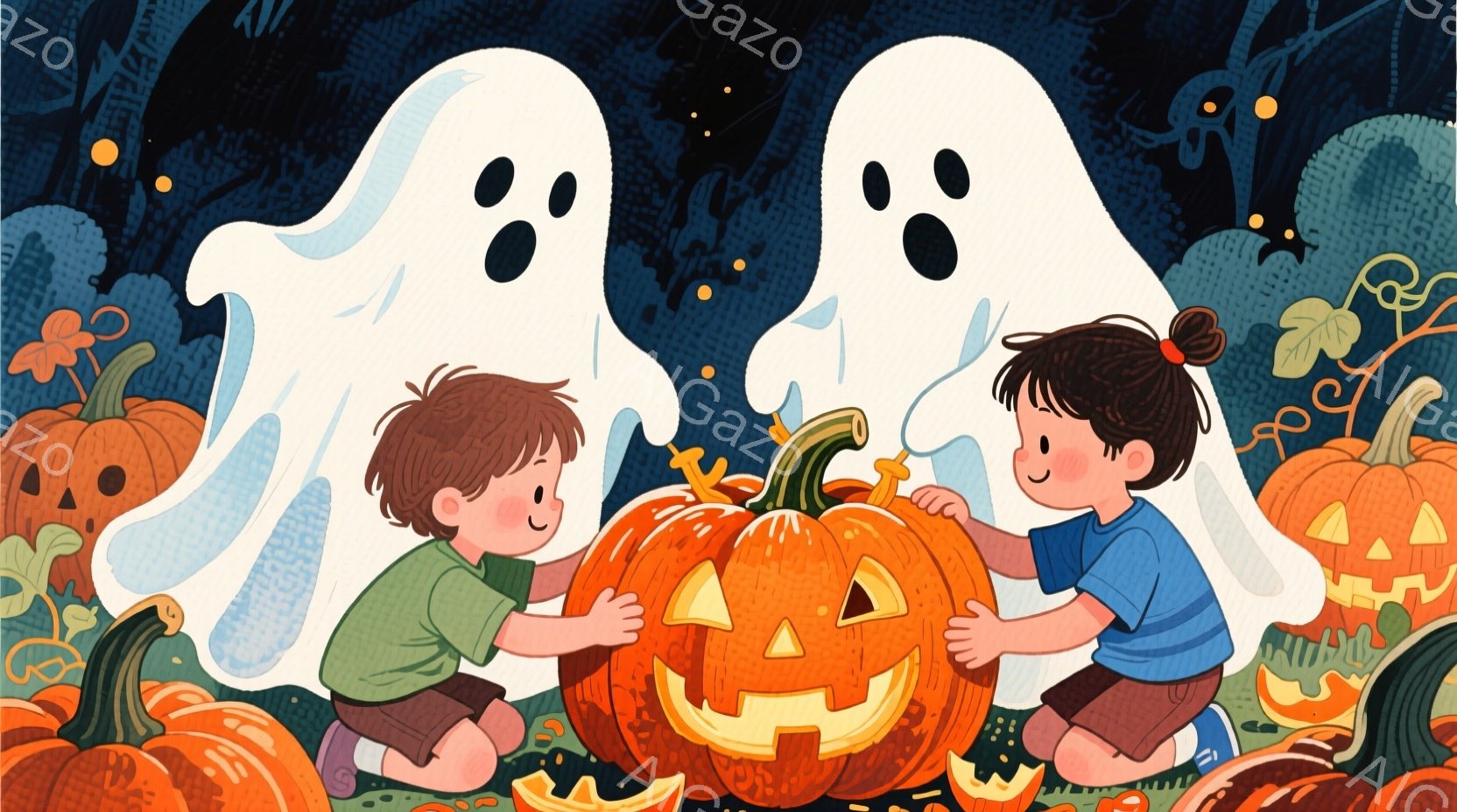 少年と少女が、ハロウィーンの飾り付けとしてカボチャをくり抜いているイラストです。少年は緑のシャツを着ており、茶色の髪をしています。少女は青いシャツを着ており、黒い髪をポニーテールにしています。二人は笑 - AI生成フリー素材