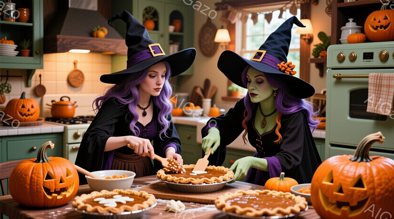 二人の女性が魔女の衣装を着て、台所でパイのデコレーションをしている様子が描かれています。紫色の髪と緑色の髪の女性は、それぞれ黒い魔女帽子を被り、パイに模様を描くことに集中しています。背景には、ハロウィーンの装飾であるカボチャがいくつか配置され、温かく、お祝いの雰囲気を醸し出しています。