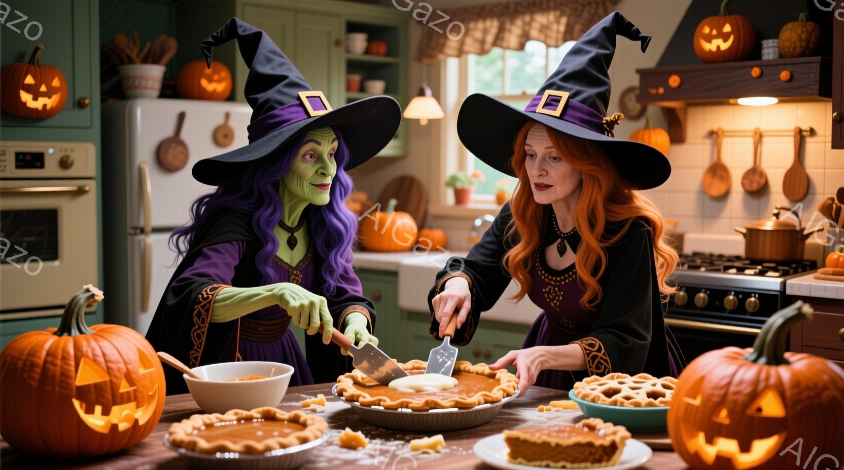 2人の女性が魔女の帽子をかぶり、キッチンでパイを切り分けている様子が描かれている。彼女たちはそれぞれ紫と赤毛で、緑と黒の衣装を着ており、楽しそうにパイにフォークを入れている。背景にはハロウィーンの飾り付け、パンプキン、そしてモダンなキッチン設備が見え、温かく、お祝いムードに満ちた雰囲気が漂っている。