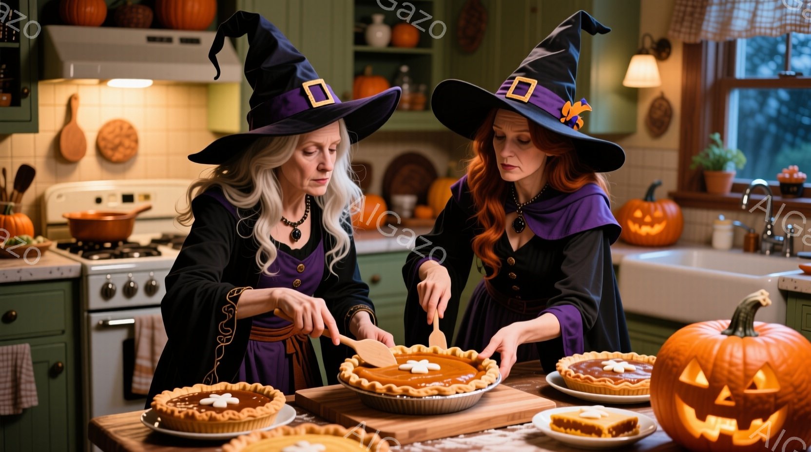 2人の女性が魔女の衣装を着て、キッチンでパイのデコレーションをしている様子が描かれている。彼女たちはそれぞれ紫色のドレスと、飾り付きの黒い魔女帽子をかぶり、集中した表情でパイに模様を描いている。背景には、ハロウィンの飾り付けとカボチャが置かれ、暖かく、お祝いムードにあふれたキッチンが広がっている。