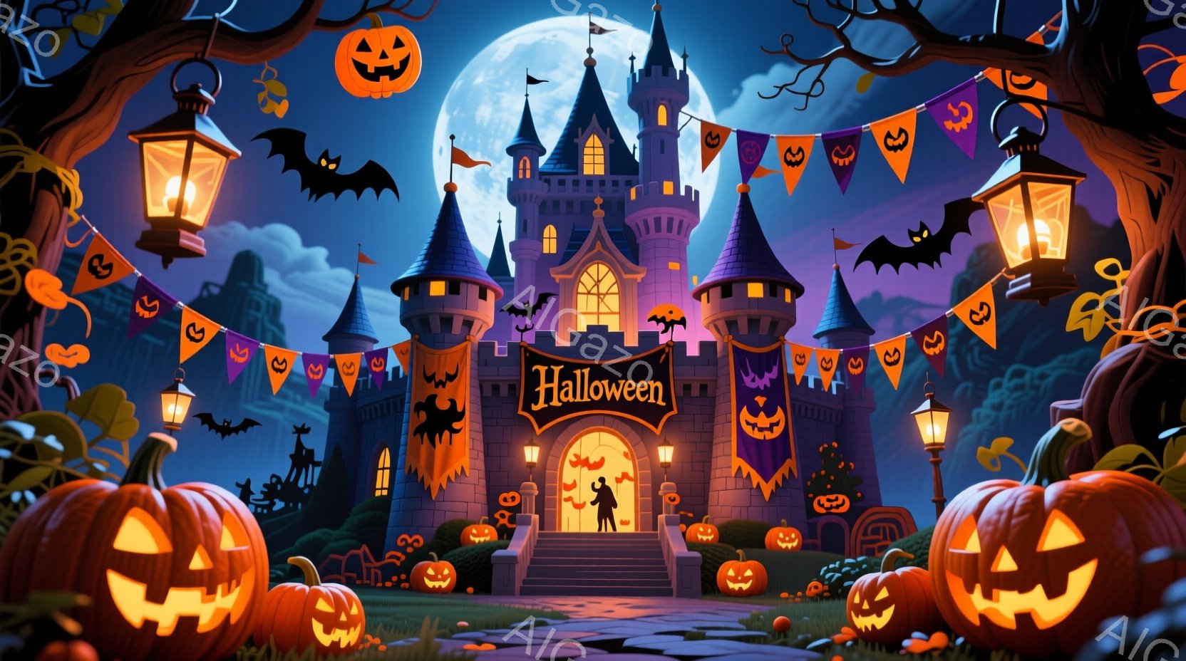 夜の背景に、ハロウィーンをテーマにしたお城が描かれています。お城の前には、パンプキンランタンや可愛らしいお化けが並び、お城の入り口には、黒い衣装を着た男女が立っています。背景には満月が輝き、コウモリが飛び交い、ハロウィーンらしいお祝いの雰囲気が漂っています。