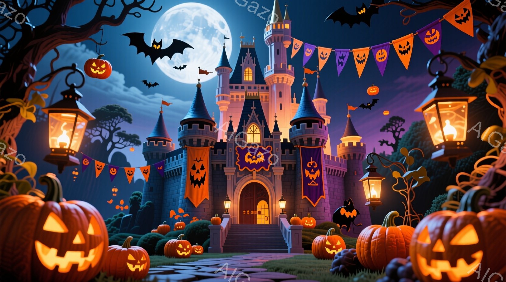 ハロウィーンの夜を舞台に、不気味で壮大な城がそびえ立っています。城はオレンジ色のランタンや、カボチャの顔が描かれた旗で飾られ、庭には様々な大きさのカボチャが置かれています。満月が輝き、背景にはコウモリ - AI生成フリー素材