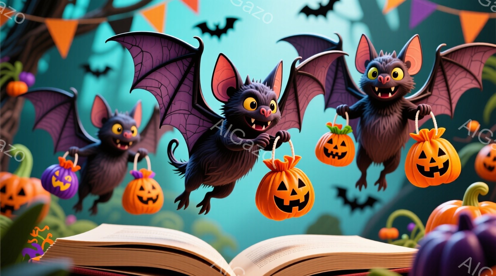 複数の可愛らしい黒いコウモリが、ハロウィーンのランタンを抱えて飛び交っています。背景には、緑の葉や、オレンジ色のカボチャが散りばめられ、開いた本が置かれています。全体的に、お祭り気分で明るく、楽しいハロウィーンの雰囲気が漂っています。
