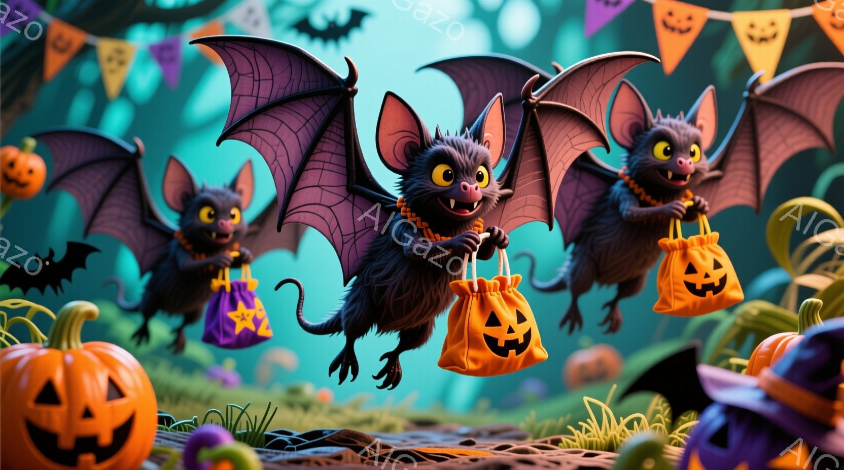 暗い緑色の背景に、カボチャの形をした袋を抱えた黒いコウモリが3匹空中に浮かんでいます。コウモリたちは可愛らしい表情で、鋭い牙と大きな耳が特徴的です。背景にはハロウィーンの飾り付けやカボチャが散りばめられ、全体的に陽気で楽しい雰囲気を醸し出しています。