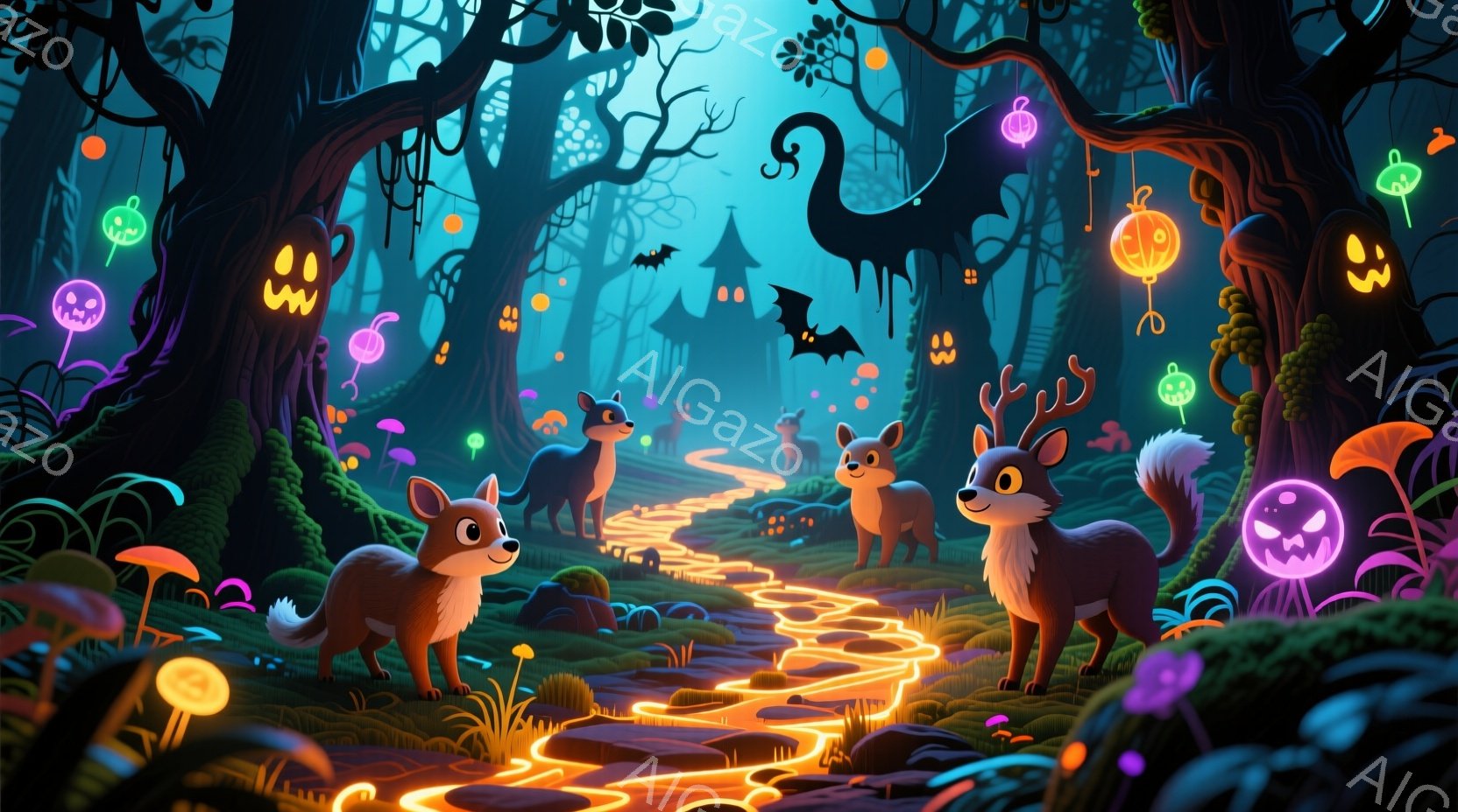 暗い森の中に、光るキノコやハロウィーンの装飾が点在し、ねじれた光の道が奥へと続いています。３匹の愛らしい動物たちが、それぞれ異なるポーズで道を彩り、好奇心と少しの警戒心を顔に浮かべています。背景には、 - AI生成フリー素材