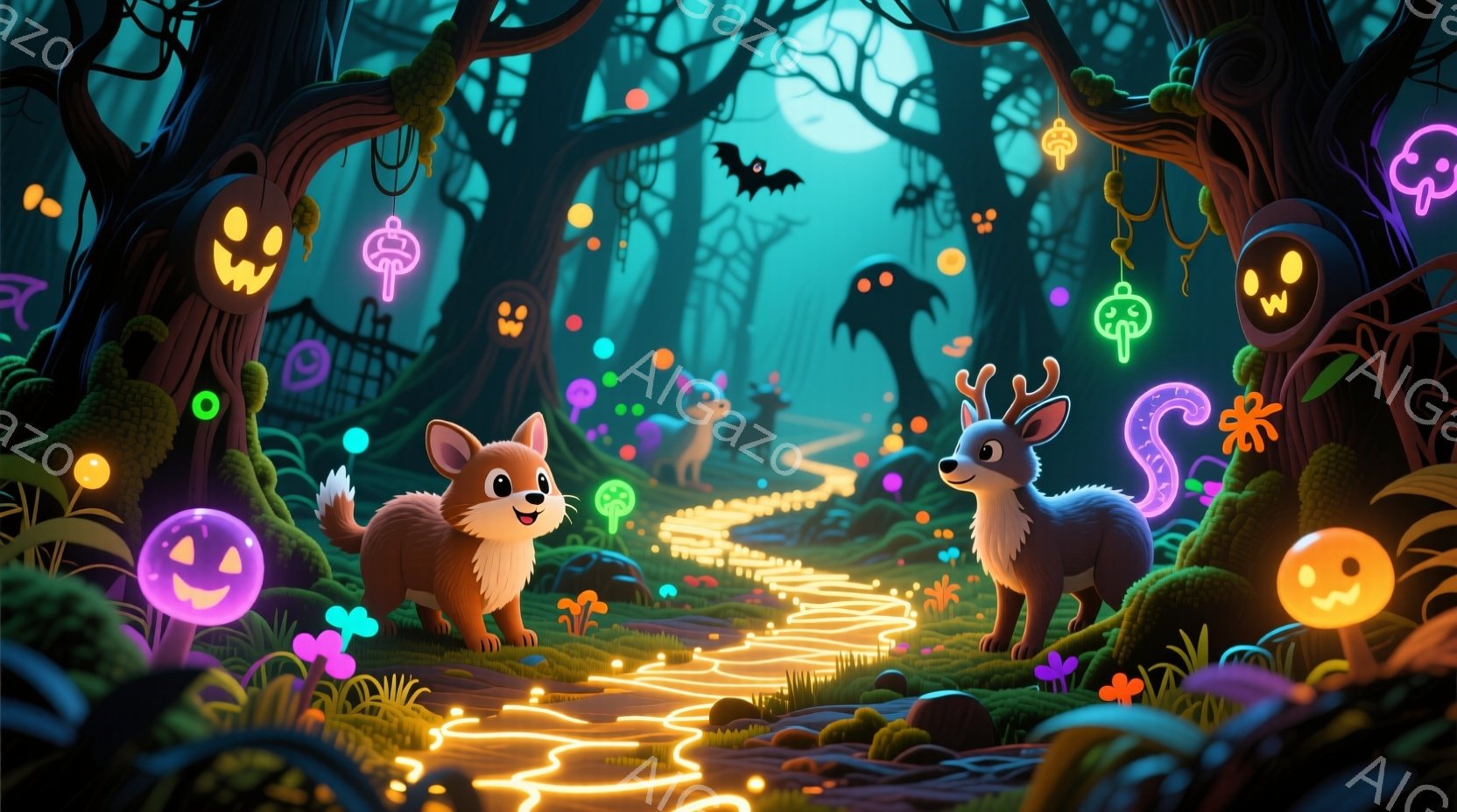 暗い森の中で、光る道に沿ってキツネのような動物と若い鹿が立っています。周りにはジャック・オー・ランタンやきのこが光り、夜空には満月とコウモリが浮かんでいます。 全体的に、幻想的で少し不気味なハロウィーンの雰囲気が漂っています。
