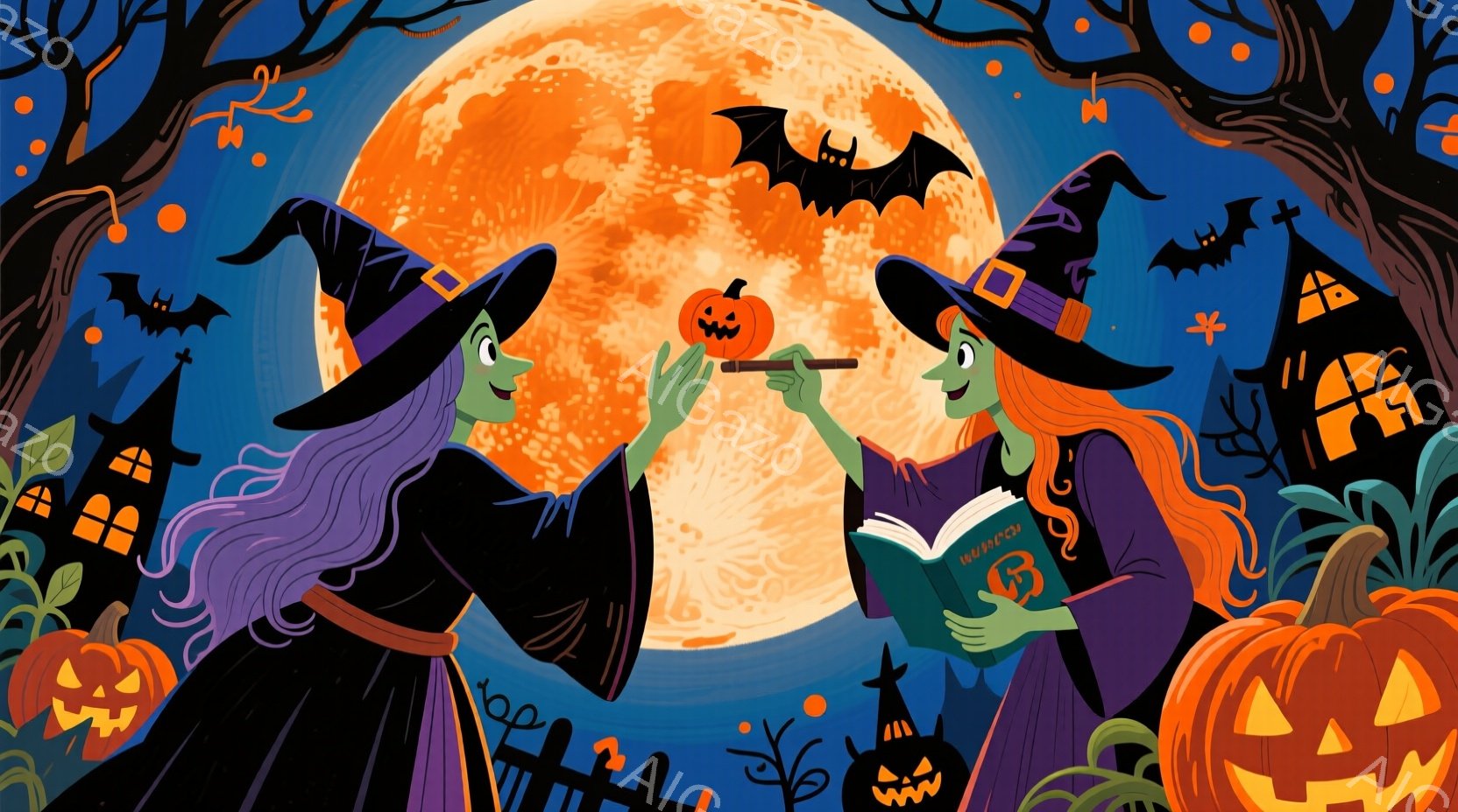 二人の魔女が、満月の夜に庭で本を読んだり、小さなカボチャを持ち上げたりしています。魔女たちは紫色のローブと先のとがった帽子を身につけ、緑色の肌と赤い髪をしています。背景には、シルエットの家々、墓石、木々、そして飛び交うコウモリがあり、ハロウィーンの雰囲気が漂っています。