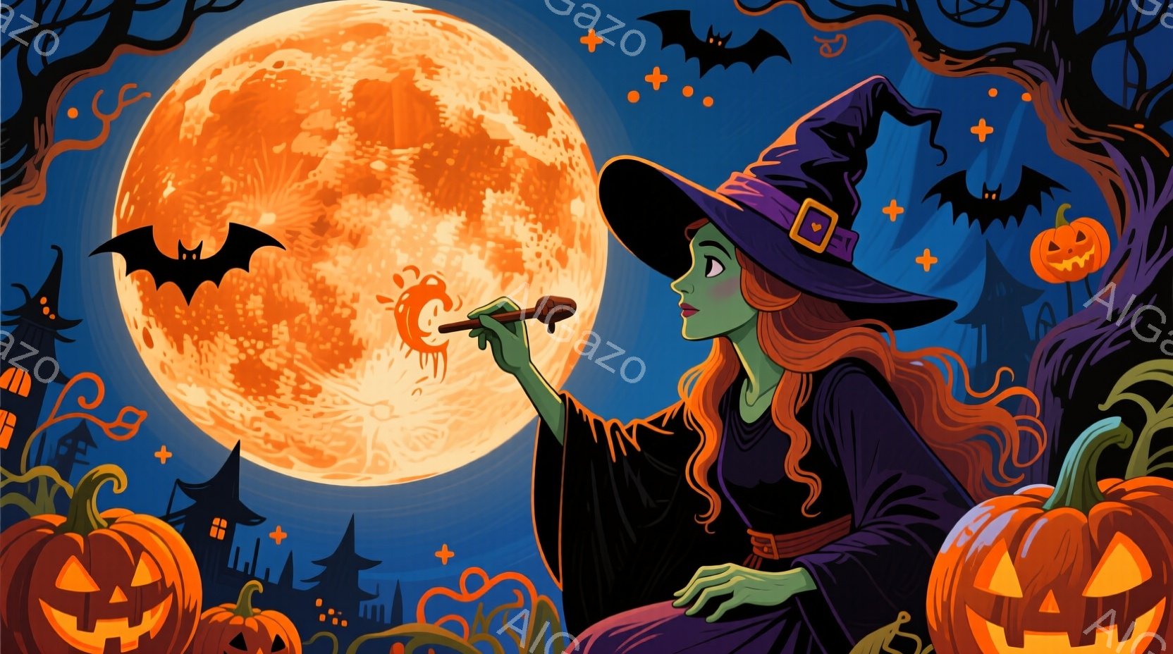 深い紫色のローブと、とんがり帽子を被った魔女が描かれています。彼女は長いオレンジ色の巻き毛を持ち、緑色の肌をしており、魔法の杖を使って何かを描いているようです。背景には満月、シルエットの建物、飛び交うコウモリ、そしてジャック・オー・ランタンが配置され、ハロウィーンの夜の神秘的な雰囲気を醸し出しています。