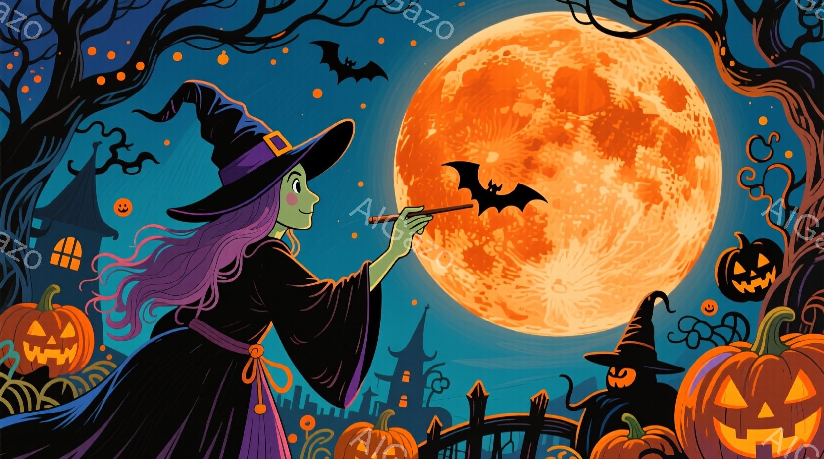 深い青色の背景に、魔女が黒いローブと先のとがった帽子を身につけ、紫色の巻き毛をなびかせて立っています。彼女は片手にコウモリを持ち、楽しげな表情で何かを企んでいるようです。背景にはシルエットの建物、ジャック・オー・ランタン、そして大きく赤い満月が輝き、ハロウィーンの夜の神秘的な雰囲気を醸し出しています。