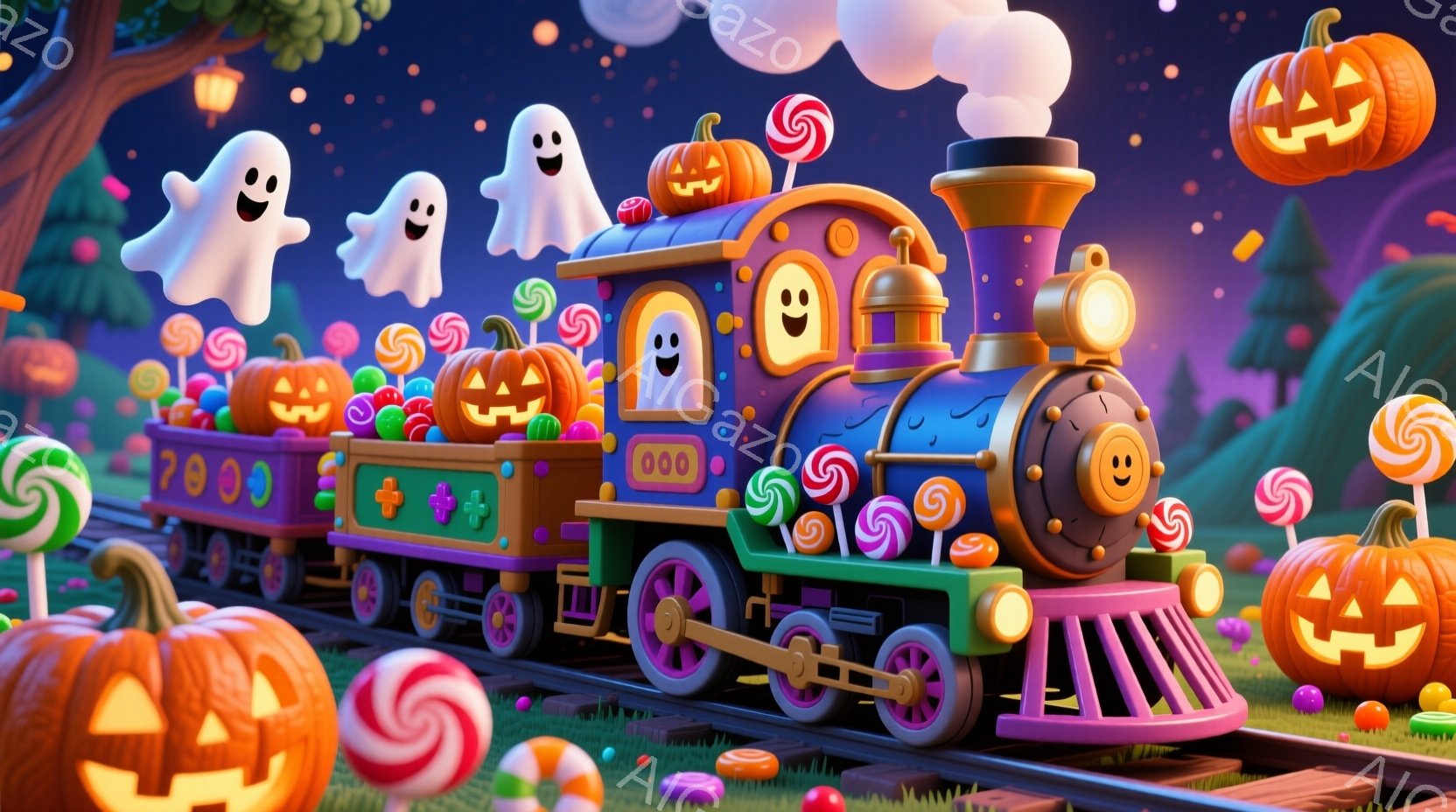 ハロウィーンをテーマにしたカラフルな列車が描かれています。紫とオレンジ色の車体には笑顔が描かれており、カボチャやキャンディ、お化けが積み込まれています。背景には、カラフルなキャンディやカボチャが散りば - AI生成フリー素材