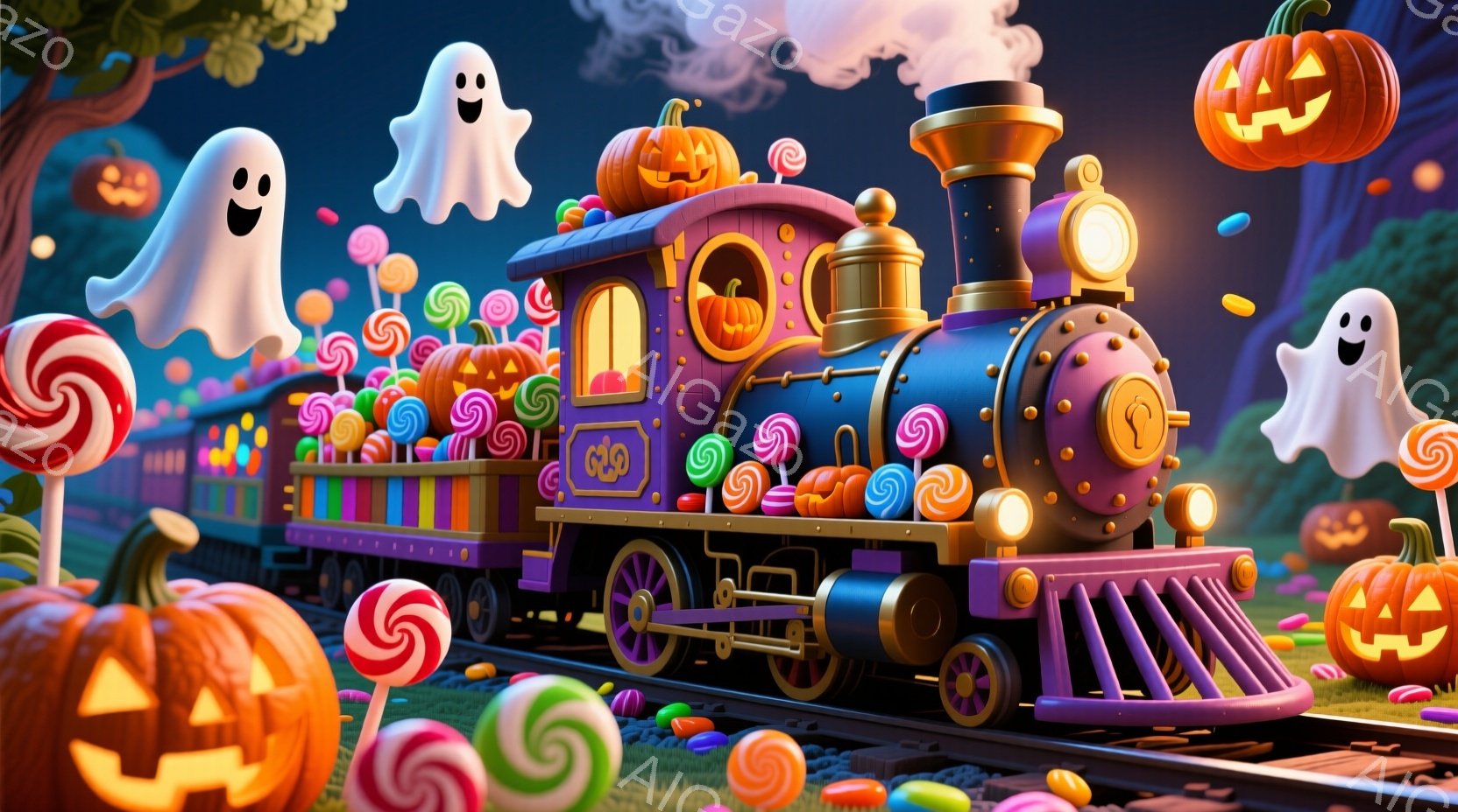 紫とピンクのカラフルな蒸気機関車が、キャンディーやハロウィーンの飾りで満たされた線路を走っている。背景には、浮かぶお化けやジャック・オー・ランタンが散りばめられ、お祭り気分を盛り上げている。全体的に、 - AI生成フリー素材