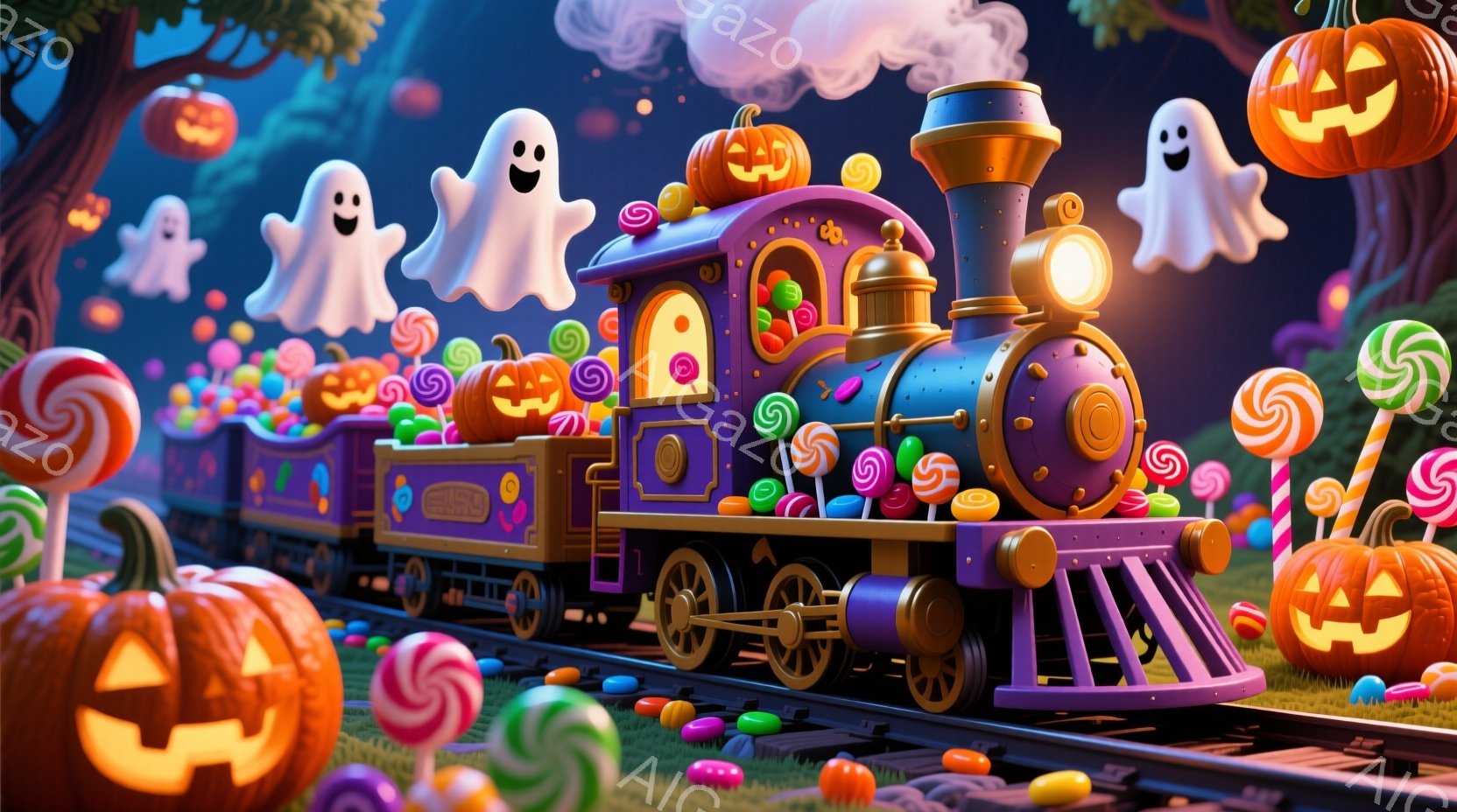 紫とオレンジ色のカラフルな蒸気機関車が、キャンディーやカボチャで飾られた線路を走っている。背景には、浮かぶお化けや、線路脇に並んだジャック・オー・ランタンがあり、ハロウィーンの夜を思わせる楽しい雰囲気 - AI生成フリー素材