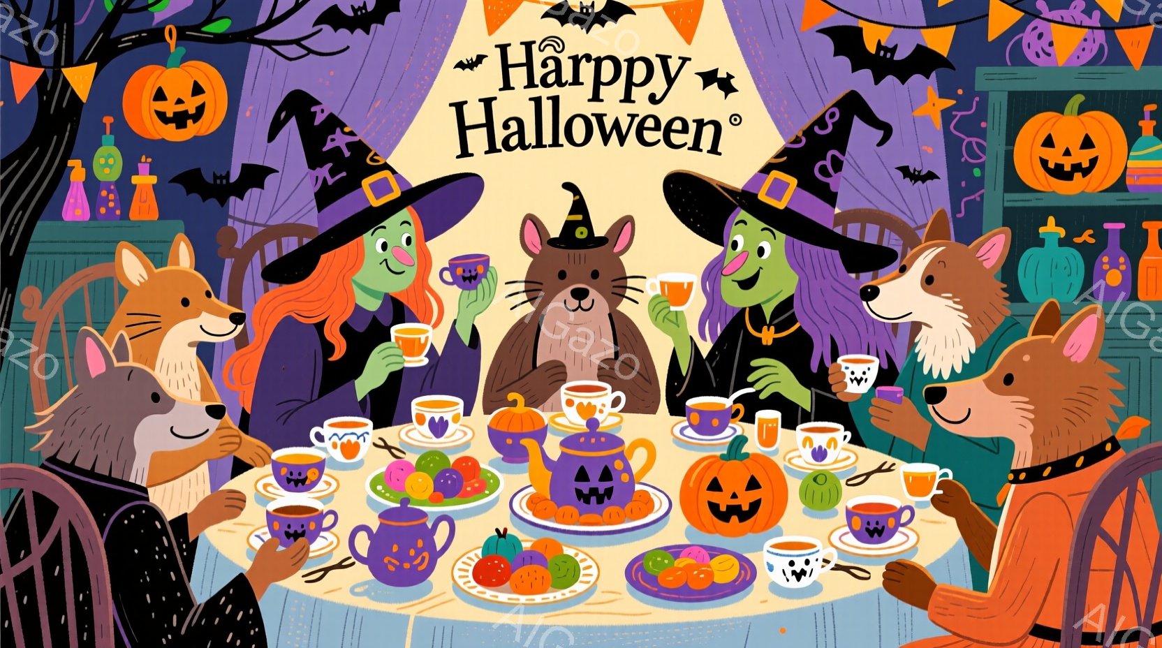 ハロウィンのティーパーティーの様子が描かれています。魔女たちはそれぞれ緑色と紫色のドレスと、先のとがった帽子を身に着け、にっこりと微笑んでいます。テーブルには、カボチャの顔が描かれたティーポット、カップ、お菓子が並び、茶色の毛並みを持つ2匹の犬が両端で立ってパーティーを楽しんでいるような雰囲気です。