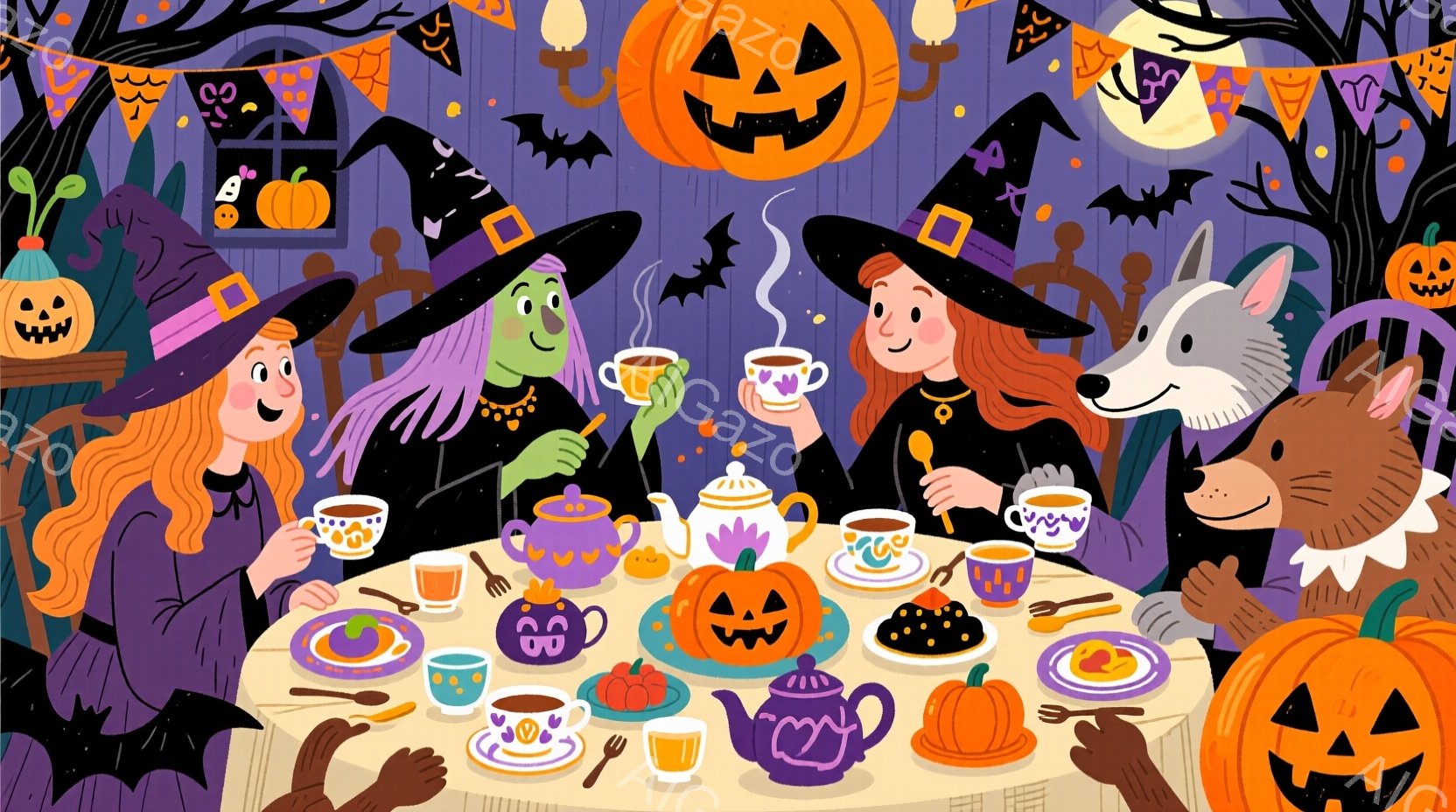 魔女と狼がハロウィーンのティーパーティーを楽しんでいる様子が描かれています。魔女たちは黒い帽子をかぶり、それぞれ特徴的な髪型で、微笑みながらティーカップを持っています。背景にはカボチャのランタンやコウモリが飾り付けられ、お祝いムードを盛り立てています。
