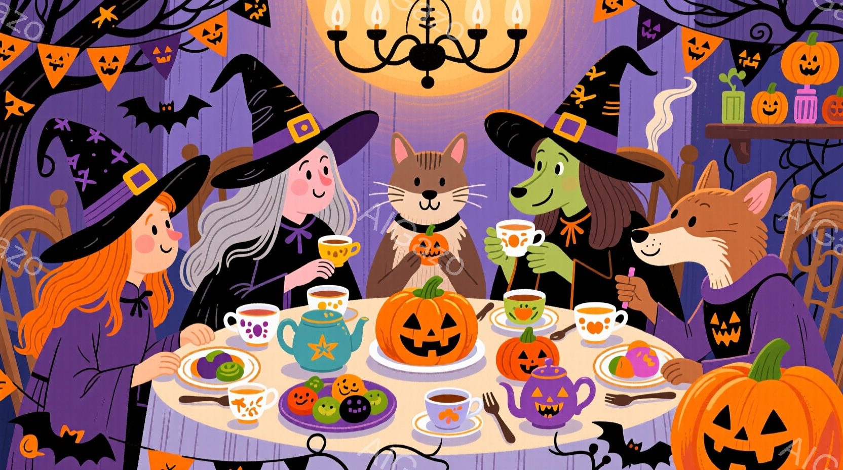 ハロウィーンのティーパーティーが開かれているイラストです。赤毛の魔女、緑色の魔女、猫、そして狼がテーブルを囲んでティーカップからお茶を飲んでいます。背景にはカボチャのランタンやコウモリが飾られ、お祝いムード満載の楽しい雰囲気です。