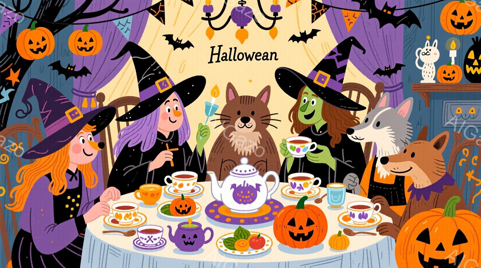 ハロウィーンをテーマにしたイラストで、魔女や動物たちがティーパーティーを楽しんでいる様子が描かれています。魔女たちは黒い帽子と紫色のドレスを着ており、長い髪は風になびいています。背景には、カボチャのランタンやコウモリが飾られ、お祝いムードが高まっています。