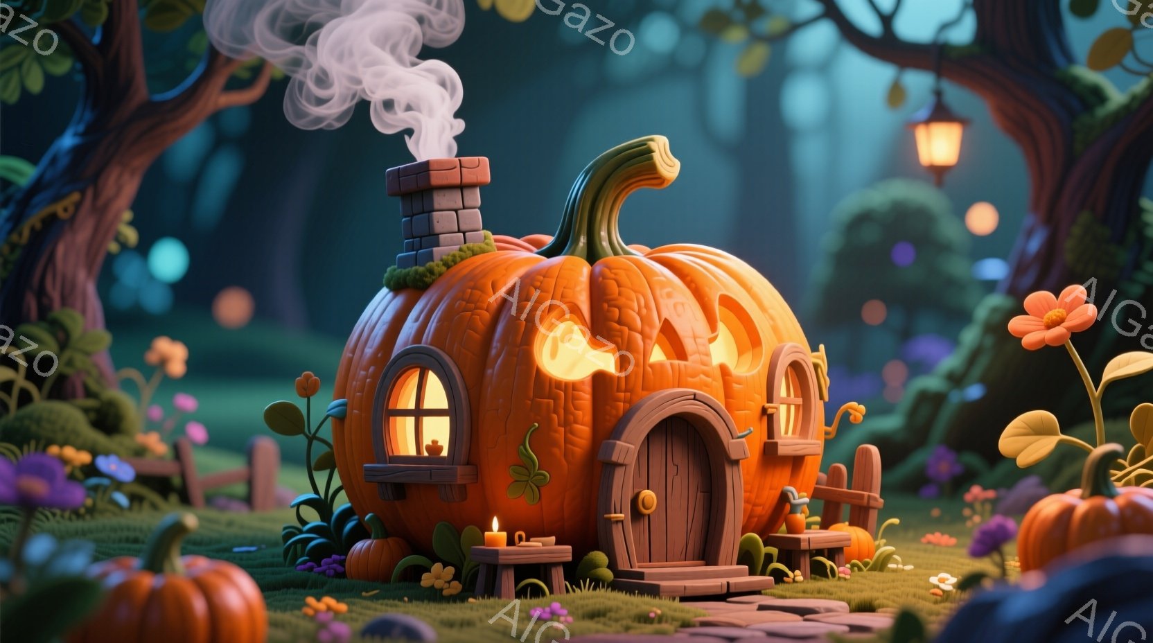 大きなカボチャで作られた可愛らしい家が、緑豊かな草地に建っています。煙突から立ち上る煙と、窓から漏れる温かい光が、家の温かさと居心地の良さを強調しています。背景には、紫色の花や他のカボチャが点在し、フ - AI生成フリー素材