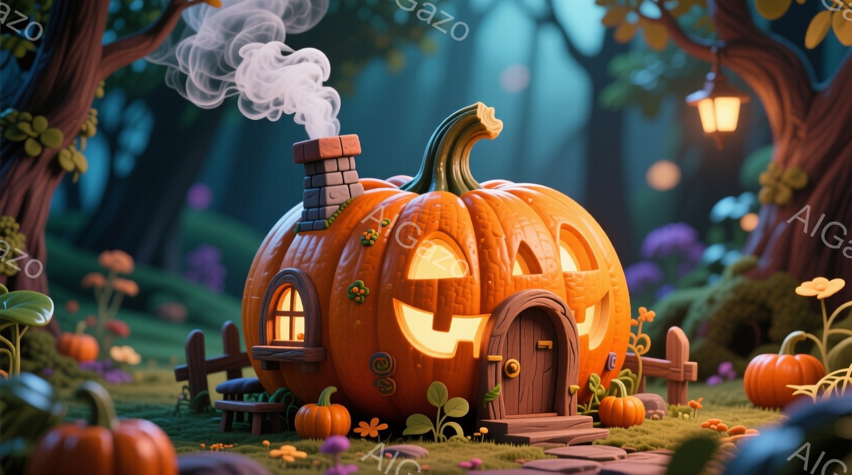 かぼちゃを模した可愛らしい家が、緑豊かな森の中にひっそりと佇んでいます。家はくり抜かれた笑顔と窓を持ち、煙突からは湯気が立ち上り、温かみのある雰囲気を醸し出しています。背景には色とりどりのきのこや、小さなかぼちゃが点在し、幻想的で趣のある秋の風景が広がっています。