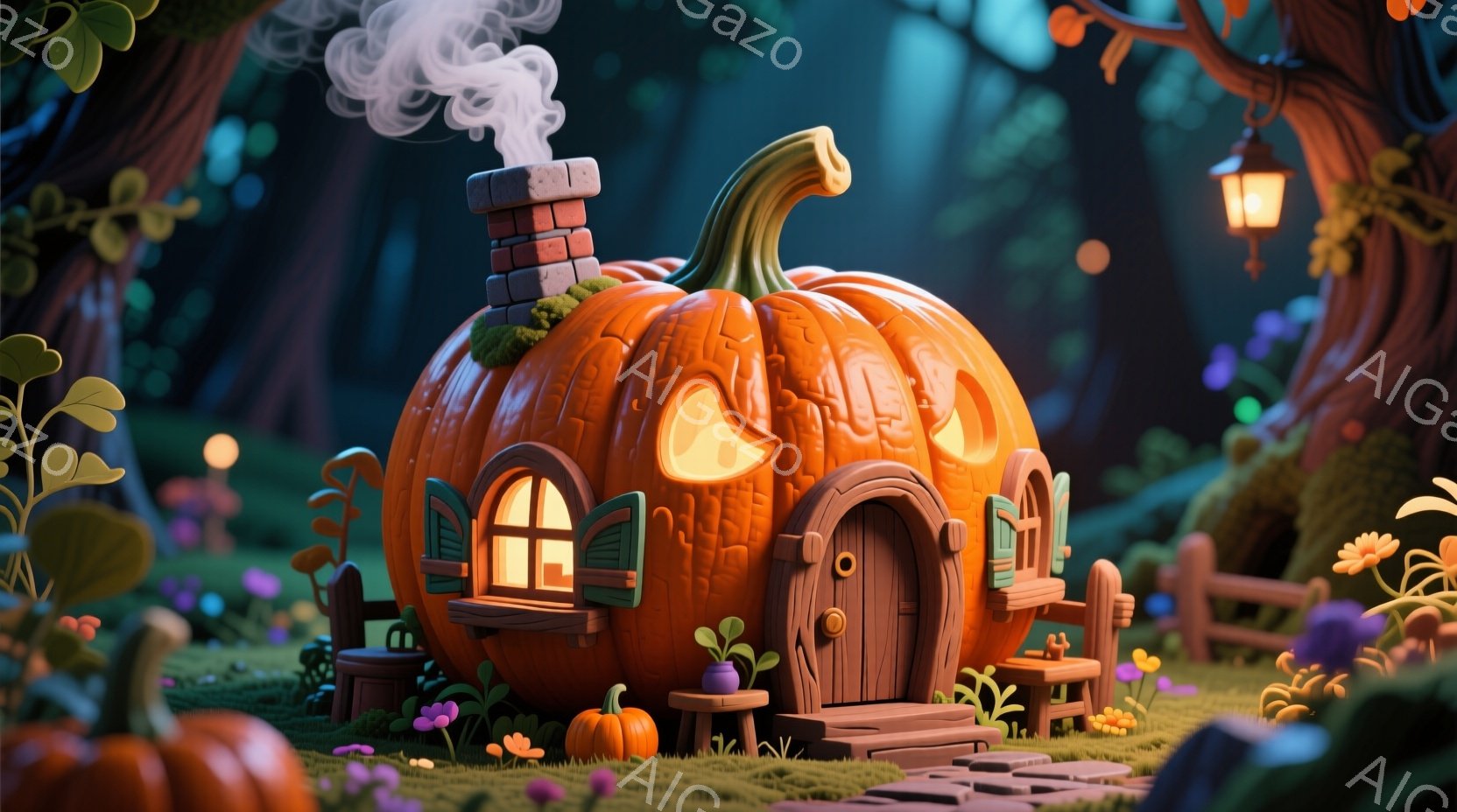 かぼちゃで作られた可愛らしい家が、幻想的な森の中にあります。家は窓から暖かな光が漏れており、煙突からは煙が立ち上っています。周囲には小さな花や植物が生い茂り、物語のような雰囲気を醸し出しています。