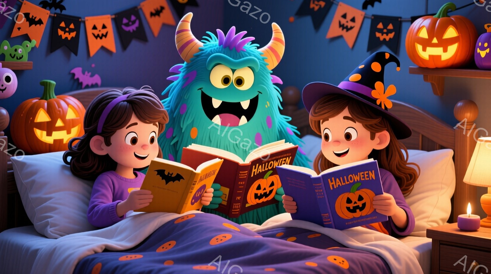 2人の少女がベッドに座り、ハロウィーンをテーマにした本を読んでいます。紫色のセーターを着た少女は茶色の巻き毛で、もう一人はハロウィーンの帽子をかぶり、長い茶色の髪をしています。背景には、カボチャのランタン、お化けの飾り、そしてハロウィーンの旗が飾られた、お祝いの雰囲気が漂う部屋が広がっています。