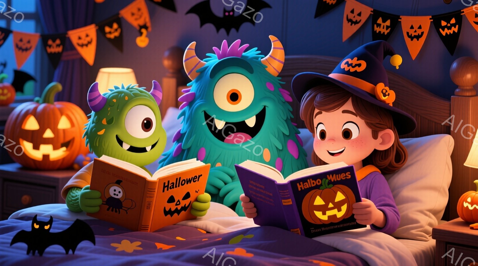 少女は紫色のベッドに横たわり、ハロウィーンの帽子をかぶって本を読んでいます。緑色のモンスターが隣で同じ本を読んでおり、二人は楽しそうな表情をしています。背景には、カボチャのランタン、コウモリ、装飾が施 - AI生成フリー素材