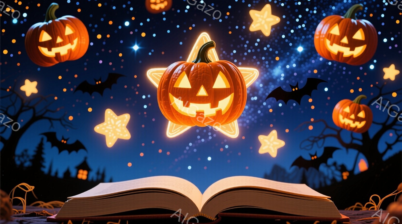 深い青色の夜空を背景に、開かれた古い本と、ハロウィーンの飾りであるジャック・オー・ランタンと星が浮かんでいます。シルエット状の木々が本の周りを囲み、黒いコウモリが夜空を舞っています。全体的に神秘的で幻 - AI生成フリー素材