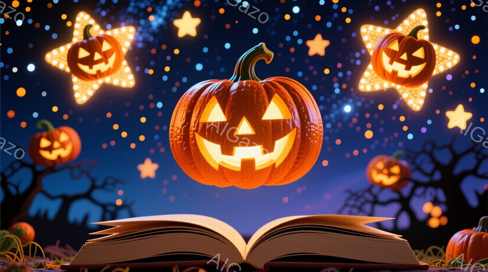 夜空を背景に、開いた古書の上に浮かぶジャック・オー・ランタンが印象的な画像です。星空には、様々な大きさの星々と、ジャック・オー・ランタン型の星が輝き、ハロウィンの雰囲気を盛り上げています。周囲には、黒い木のシルエットと、様々な種類のカボチャが配置され、幻想的な雰囲気を醸し出しています。