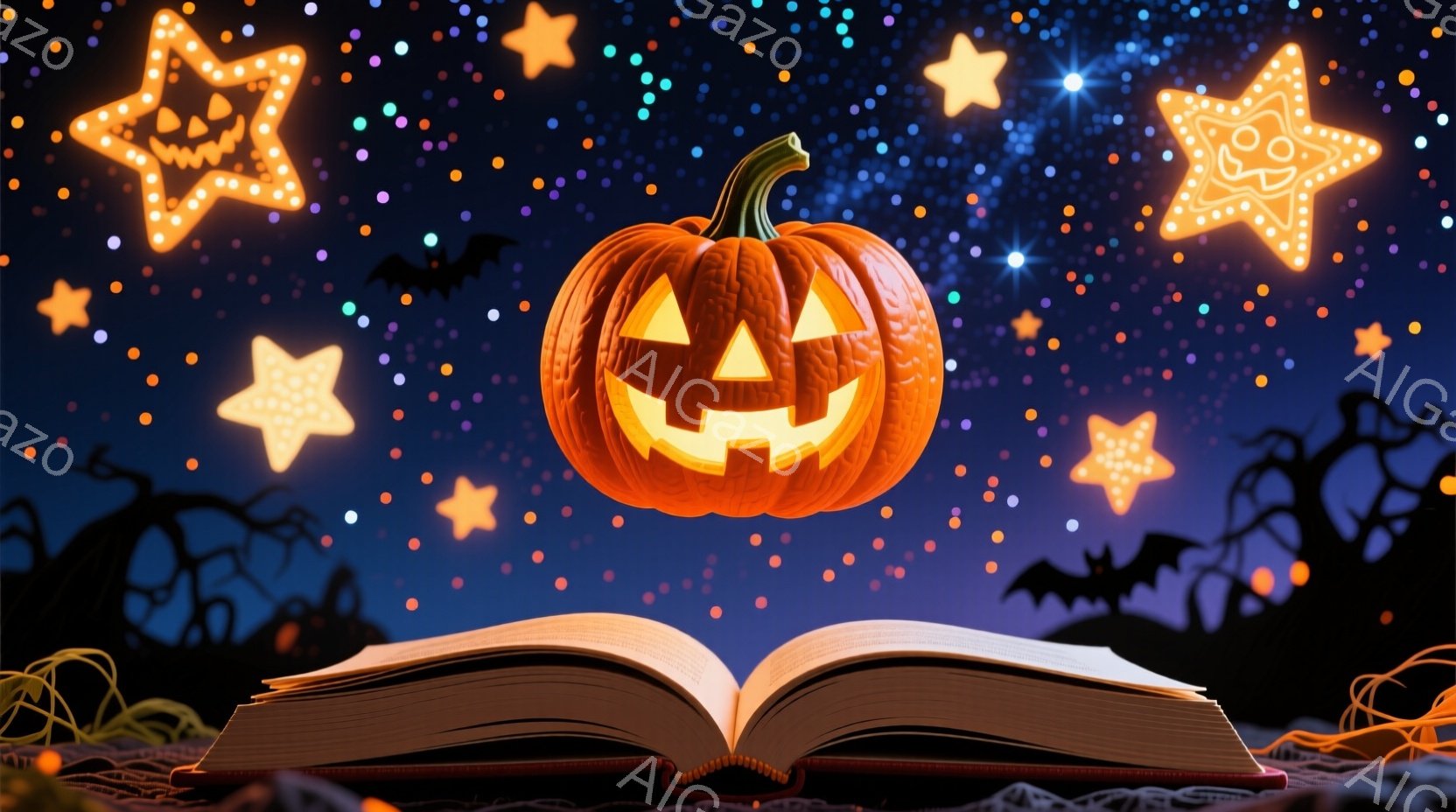 真っ暗な夜空を背景に、開いた古書と浮かんだジャック・オ・ランタンが印象的なハロウィーンのイラストです。星が輝き、黒いシルエットの木々とコウモリが、不気味ながらも幻想的な雰囲気を醸し出しています。オレン - AI生成フリー素材