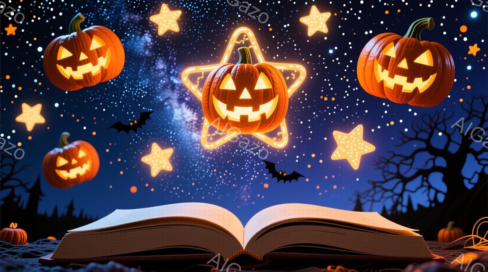 夜空を背景に、ハロウィーンの装飾が浮かび上がっています。開かれた古書からは光が放たれ、カボチャのランタンや星が飛び出しているように見え、不気味でありながらも幻想的な雰囲気を醸し出しています。背景にはシルエットで描かれた木々が立ち並び、夜の静けさとハロウィーンの神秘的な雰囲気を強調しています。