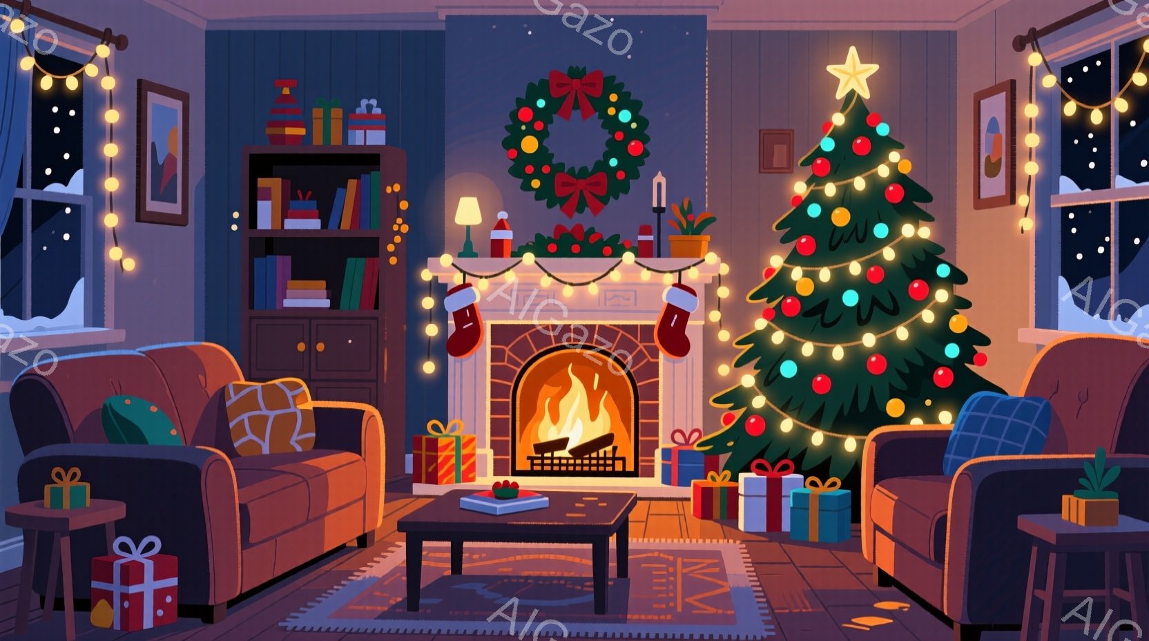 暖炉のある居間には、クリスマスツリーが飾られ、温かい光が灯っています。プレゼントがツリーの周りや暖炉の下に置かれており、クリスマスの雰囲気が満ちています。壁には絵画が飾られ、快適で穏やかな空間を作り出 - AI生成フリー素材