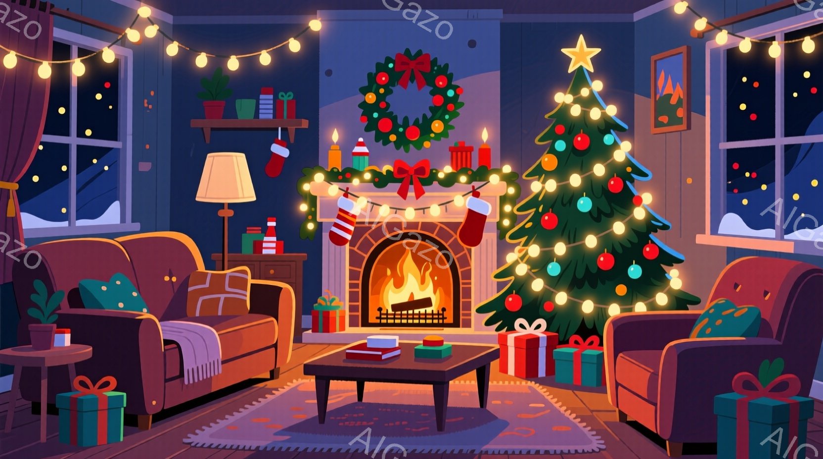 暖炉のある居間には、クリスマスツリーが飾られ、プレゼントが所々に置かれています。壁には飾り付けがあり、窓の外は雪景色で、温かく居心地の良い雰囲気が漂っています。 部屋全体が柔らかい光に包まれ、クリスマ - AI生成フリー素材