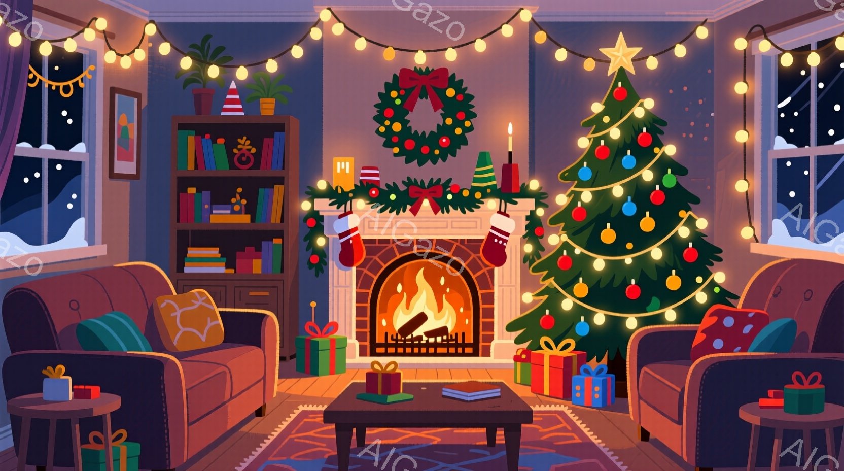 暖炉のある居間には、クリスマスツリーが飾られ、プレゼントが置かれています。壁には本棚があり、暖炉の上にはクリスマスリースとキャンドルが飾られています。部屋全体が温かく、クリスマスの雰囲気が漂っています - AI生成フリー素材