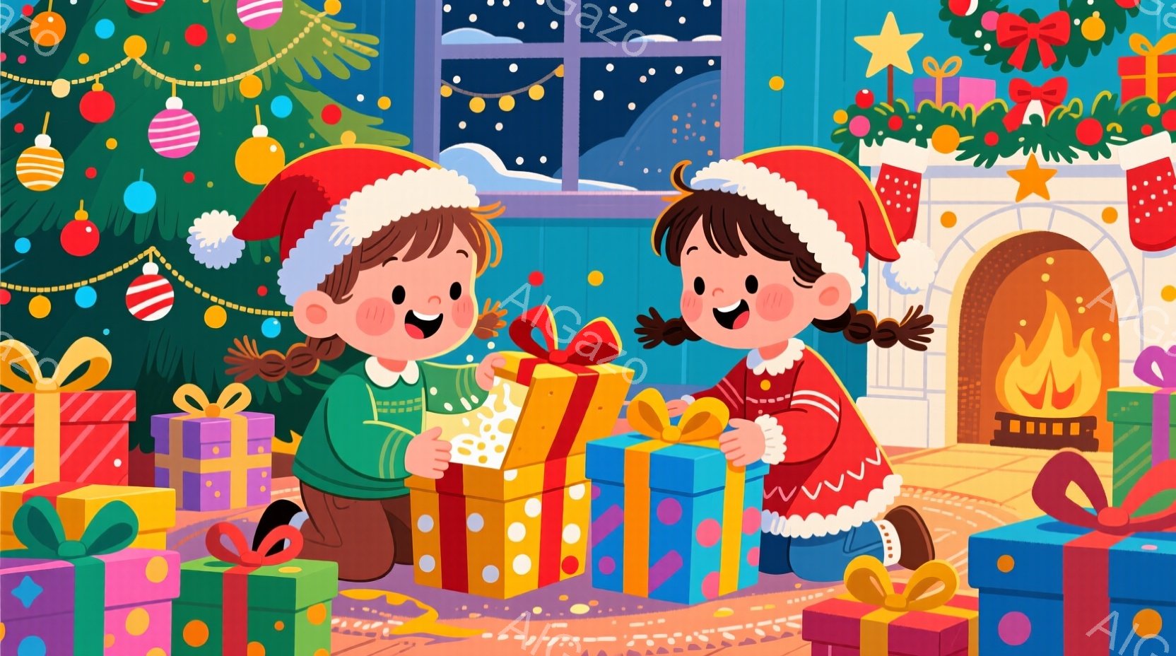暖炉のそばに、プレゼントの山に囲まれた少年と少女が描かれています。少年は緑のセーターと赤い帽子をかぶり、プレゼントを開けようとしています。少女は赤いセーターと赤い帽子をかぶり、嬉しそうな笑顔でプレゼン - AI生成フリー素材