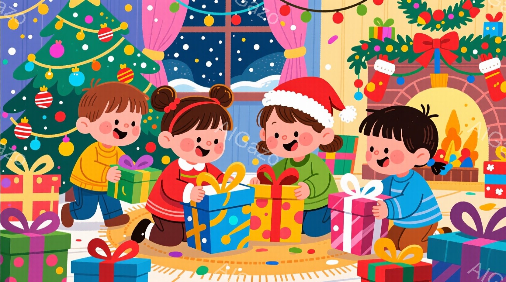 雪深い森の中に佇む、木造のキャビンが暖かな光を放っている。雪に覆われた地面には足跡があり、キャビンの周りには灯りがともったランタンが置かれ、静寂で温かい雰囲気を醸し出している。建物は雪に覆われ、背景にはうっそうとした針葉樹林が広がり、冬の夜の穏やかさを感じさせる。