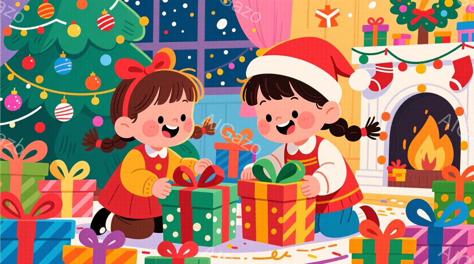 二人の少女が、クリスマスツリーの周りに置かれたプレゼントの箱を開けようとしています。彼女たちは赤いエプロンと黄色のセーターを着ており、それぞれ髪をポニーテールにしています。暖炉の火が暖かく、雪が降る冬 - AI生成フリー素材