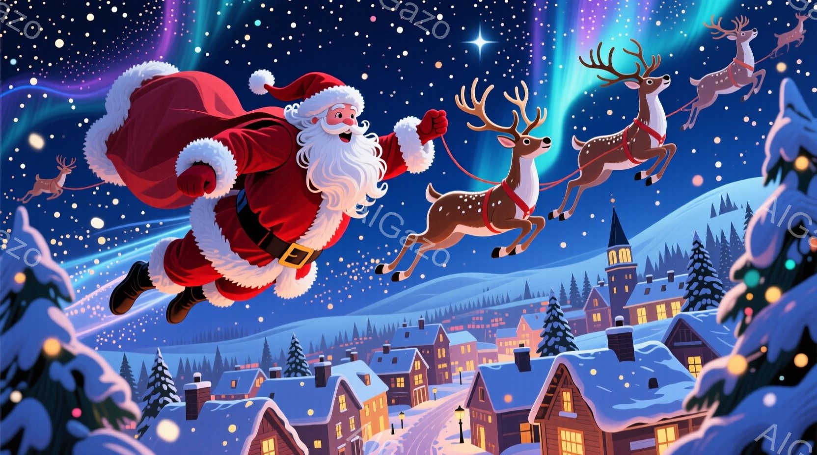 サンタクロースは赤い服と帽子を身につけ、笑顔で空を飛んでいます。背景には雪で覆われた家々が並び、遠くには暗い山々と夜空が広がっています。全体的に、暖かく、お祝いムード満載のクリスマスの雰囲気が漂ってい - AI生成フリー素材