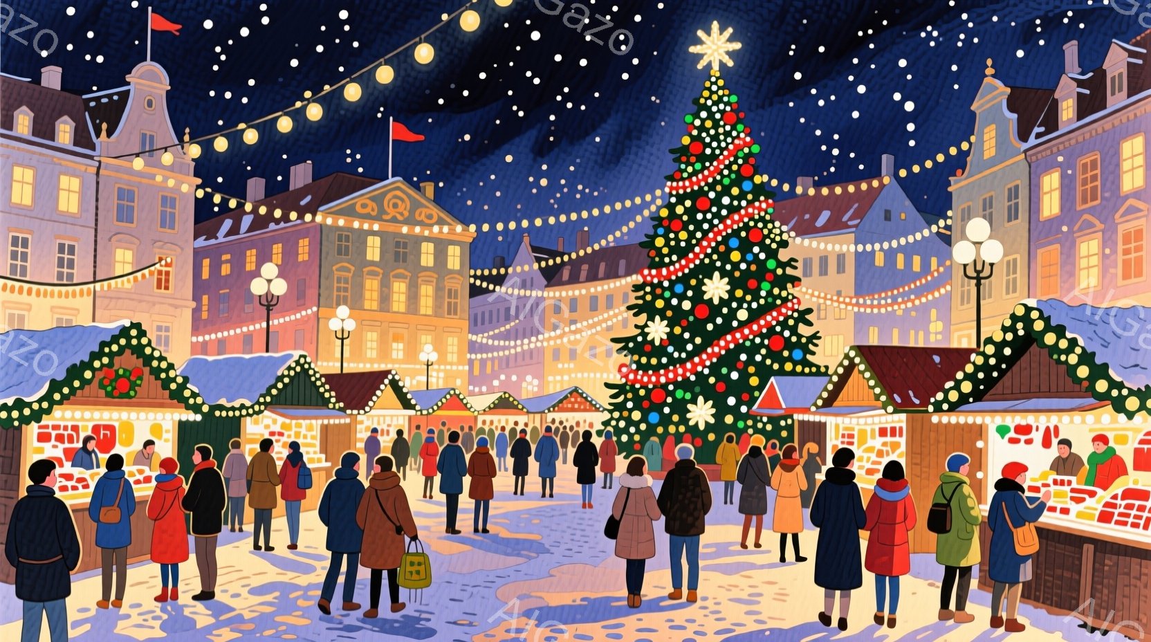 クリスマスマーケットの賑わいを見せるイラストです。人々は冬のコートや帽子を着用し、マーケットの屋台を歩き回ったり、立ち話したりしています。背景には、雪が降り積もる歴史的な建物が並び、華やかなクリスマス - AI生成フリー素材