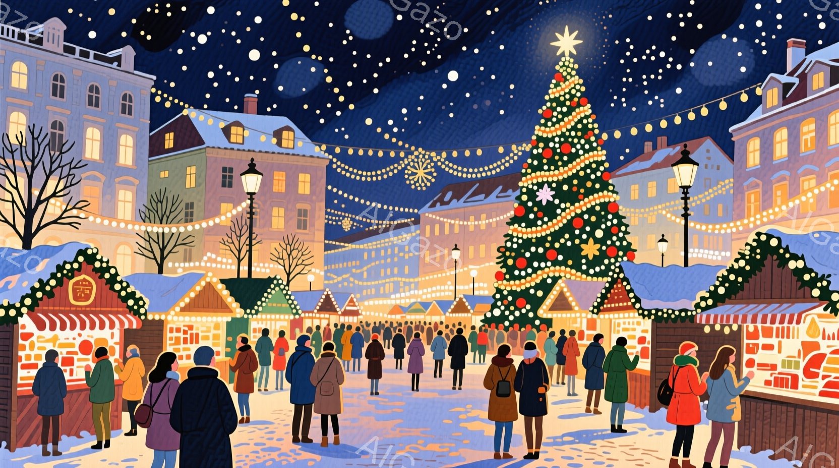 賑やかなクリスマスマーケットの様子が描かれています。人々は冬のコートや帽子を身に着け、クリスマスツリーや屋台の周りを歩き回っています。背景には雪に覆われた建物が並び、夜空には星が輝き、暖かく華やかな雰 - AI生成フリー素材